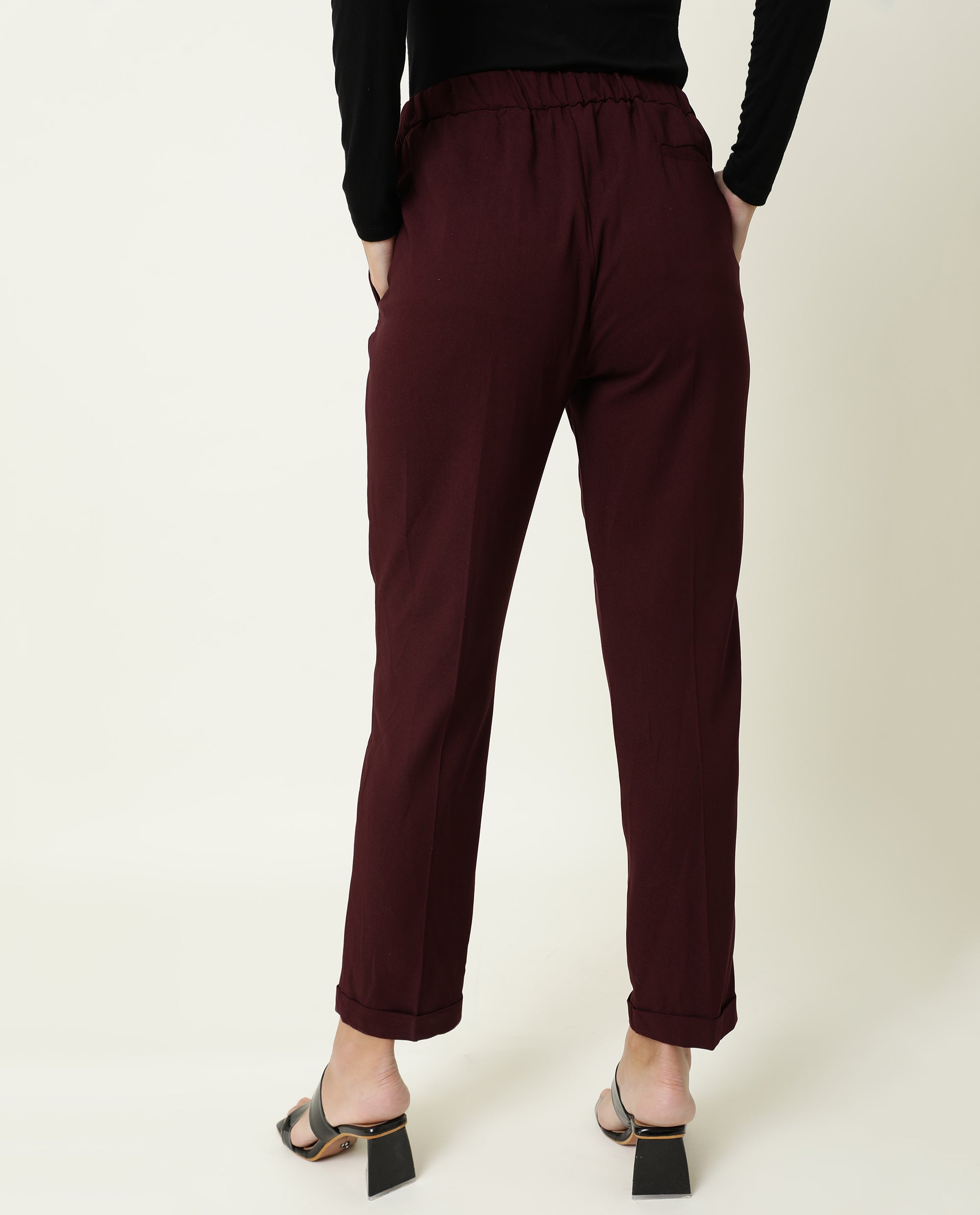 Rareism Women's Jeremiah Maroon Polyester Blend Plain Ankle Length Tailored Trouser