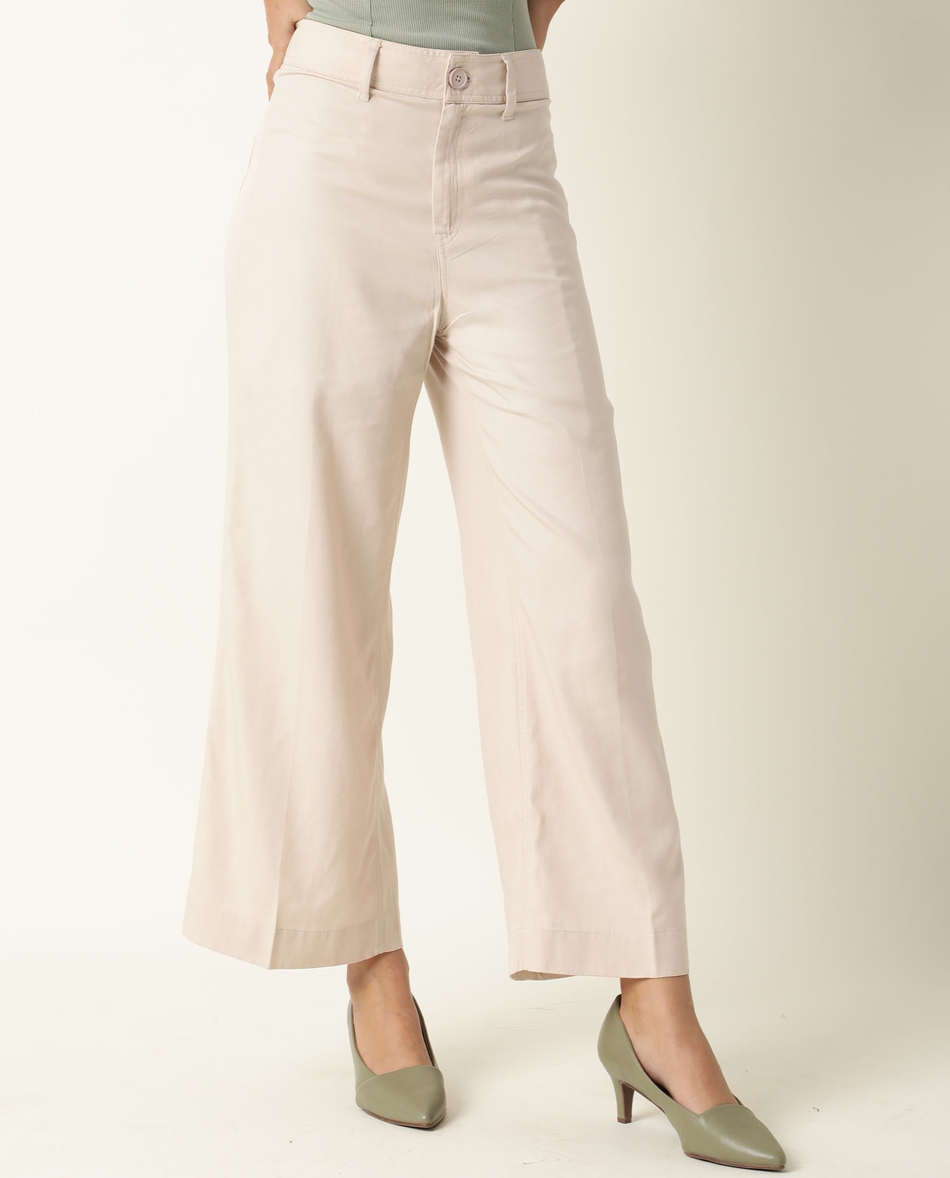 Rareism Women Micky Beige Cotton Lyocell Fabric Tailored Fit Mid Rise Solid Ankle Length Trousers