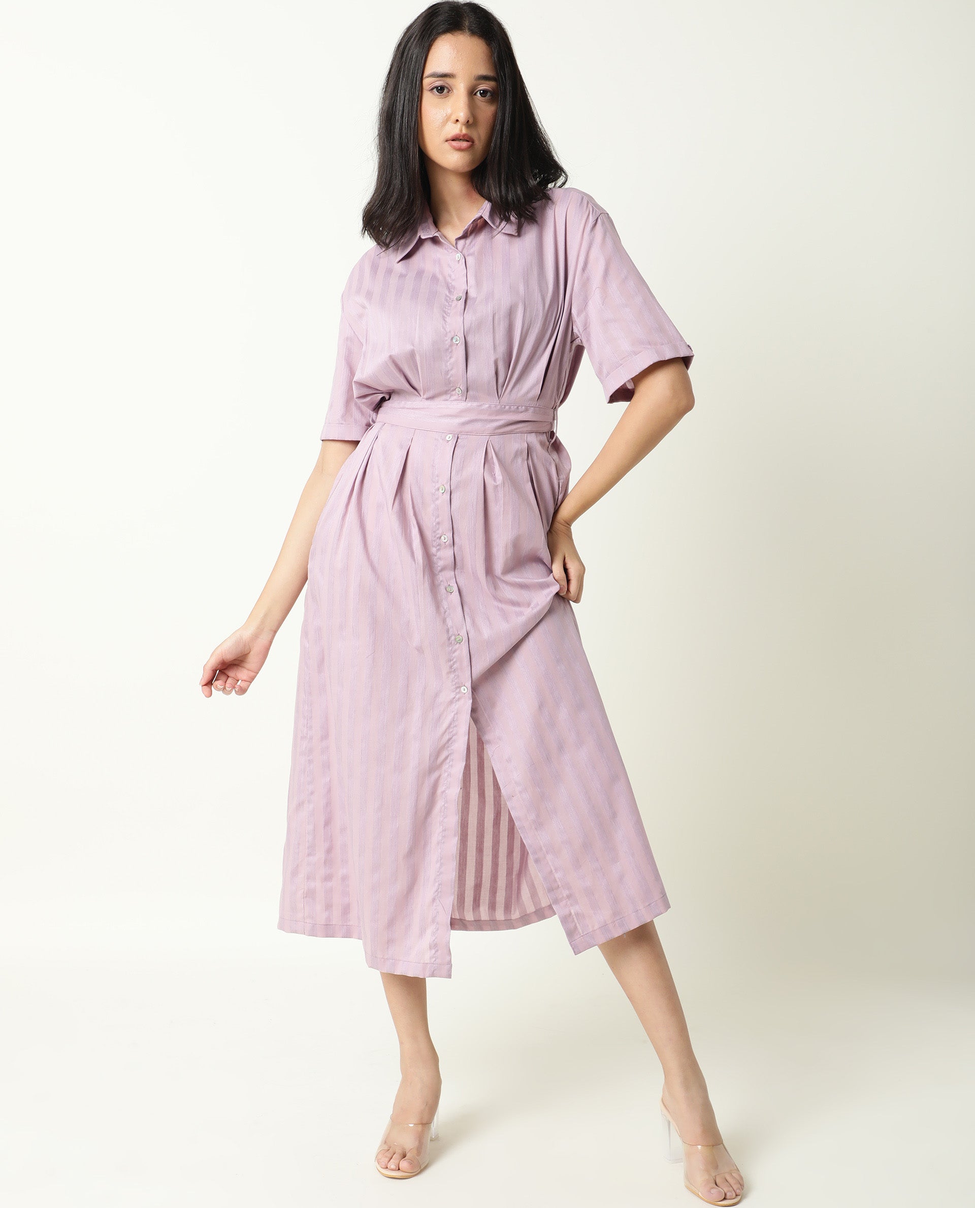 Rareism Women's Paris Pink Spread Collar Striped Knee Length Regular Fit Dress
