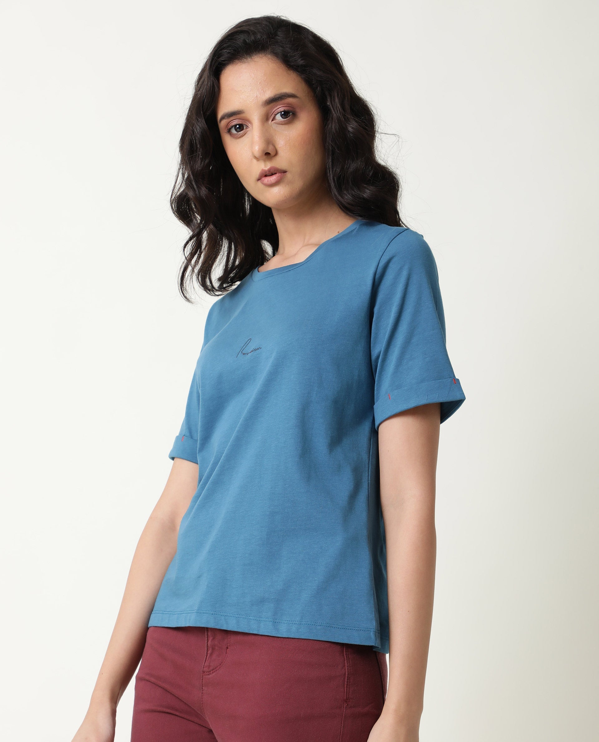 Rareism Women Nova Tee 2 Blue Cotton Fabric Regular Fit Half Sleeves Solid Round Neck T-Shirt