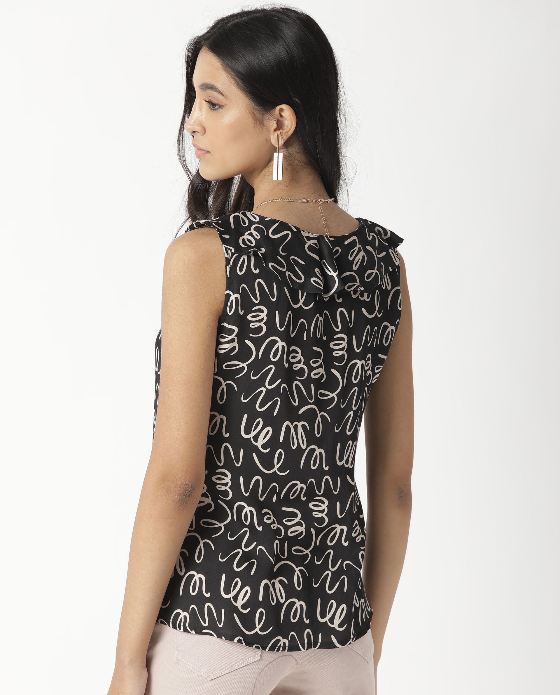 Rareism Women's Curls Black Modal Blend V-Neck Abstract Print Sleeveless Tailored Top