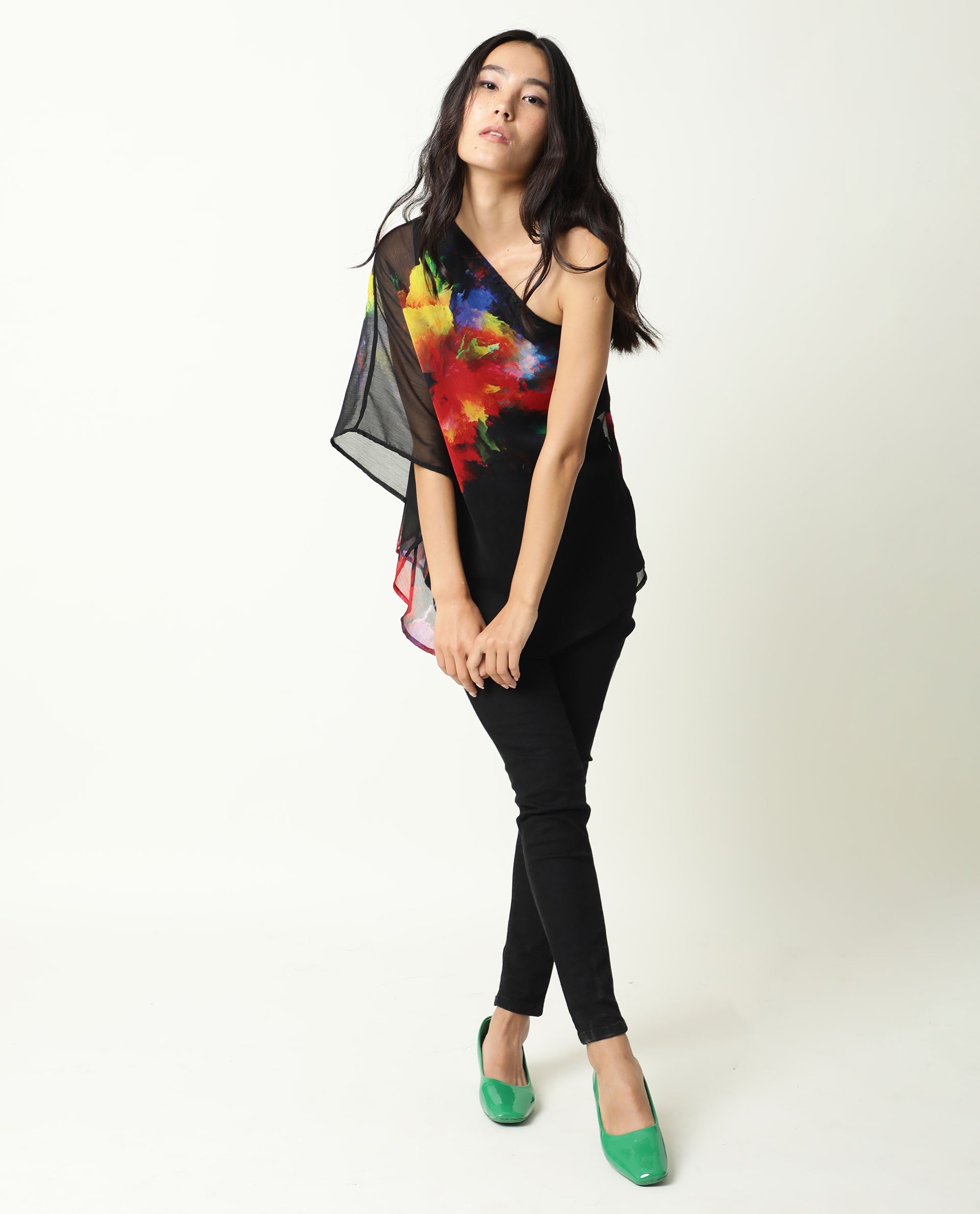 Rareism Womens Propose Black Top Viscose Fabric Regular Fit One Shoulder One Shoulder Neck