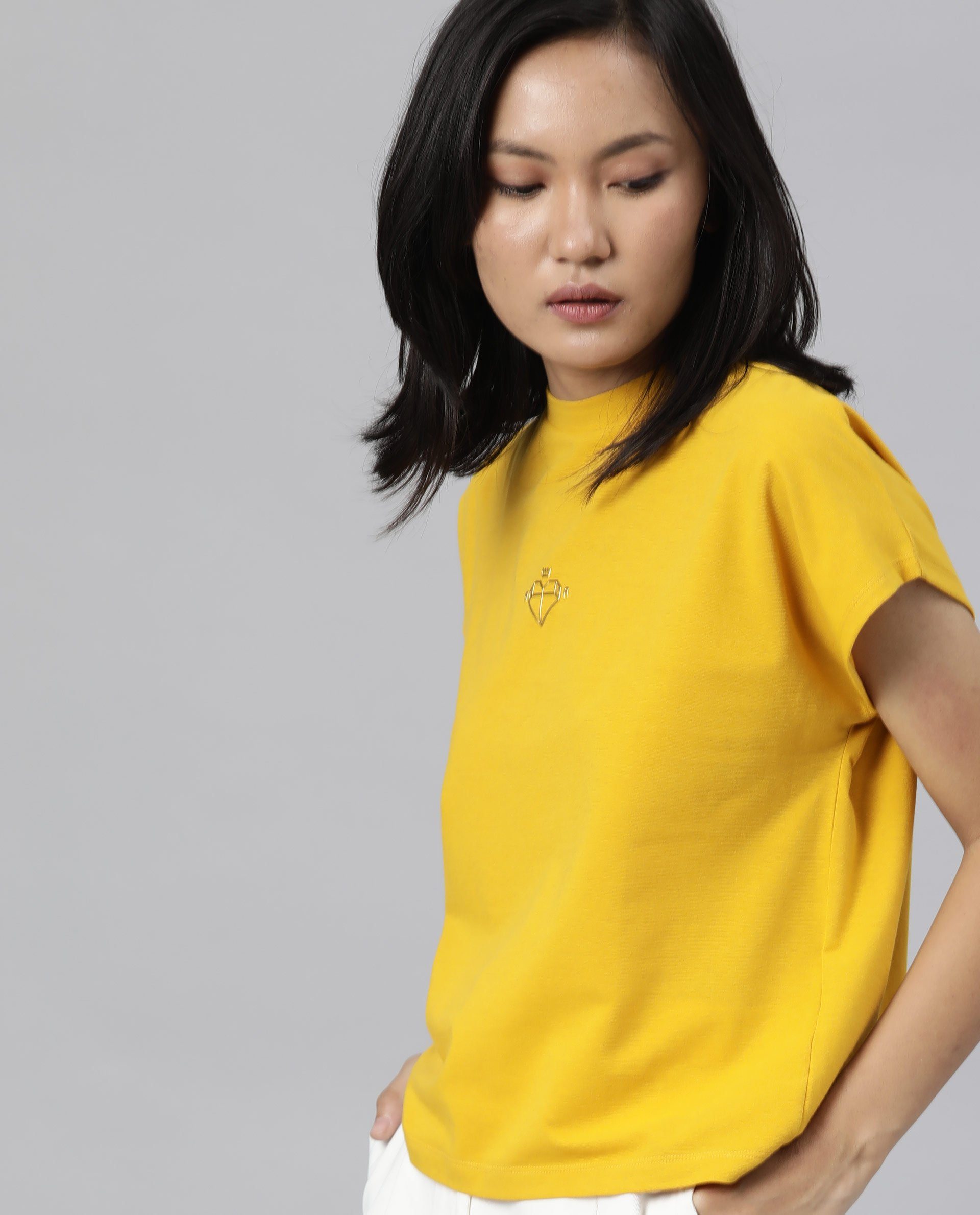 Rareism Womens Hola Mustard T-Shirt High Neck Polycotton Spandex Fabric