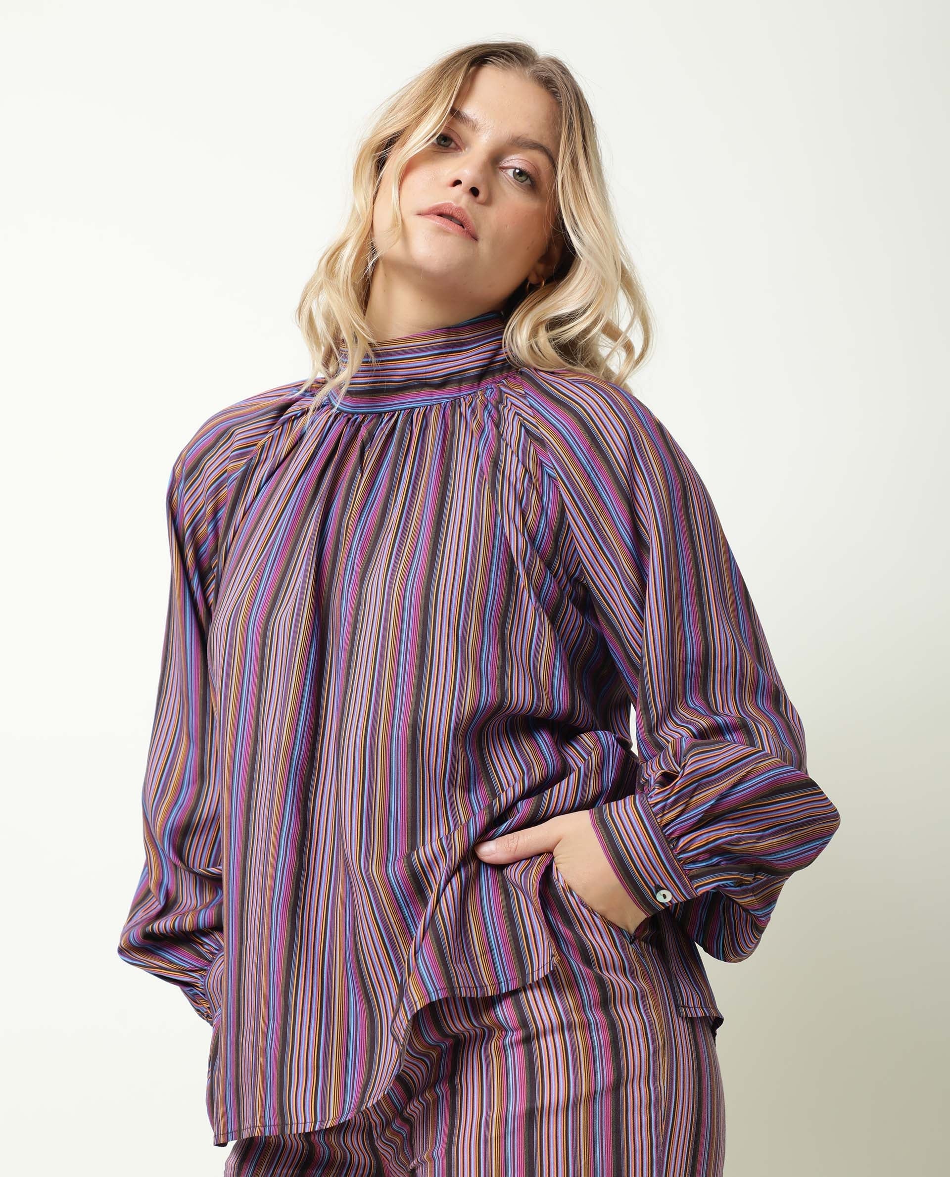 Rareism Women's Autumn Multi High Neck Striped Knee Length Regular Fit Top