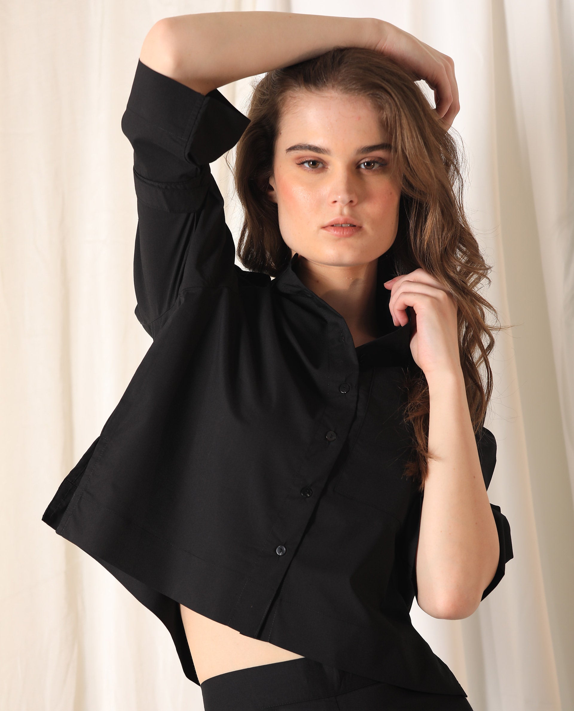Rareism Women's Sendai Black Mandarin Collar Plain Knee Length Regular Fit Top
