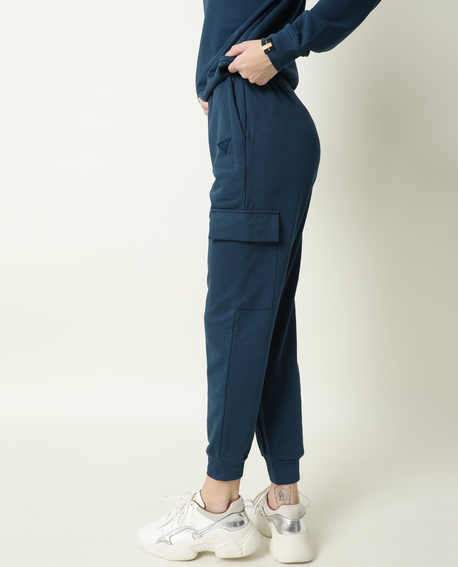 Rareism Women Nush-1 Petrol Poly Cotton Fabric Regular Fit Solid Mid Rise Ankle Length Track Pant