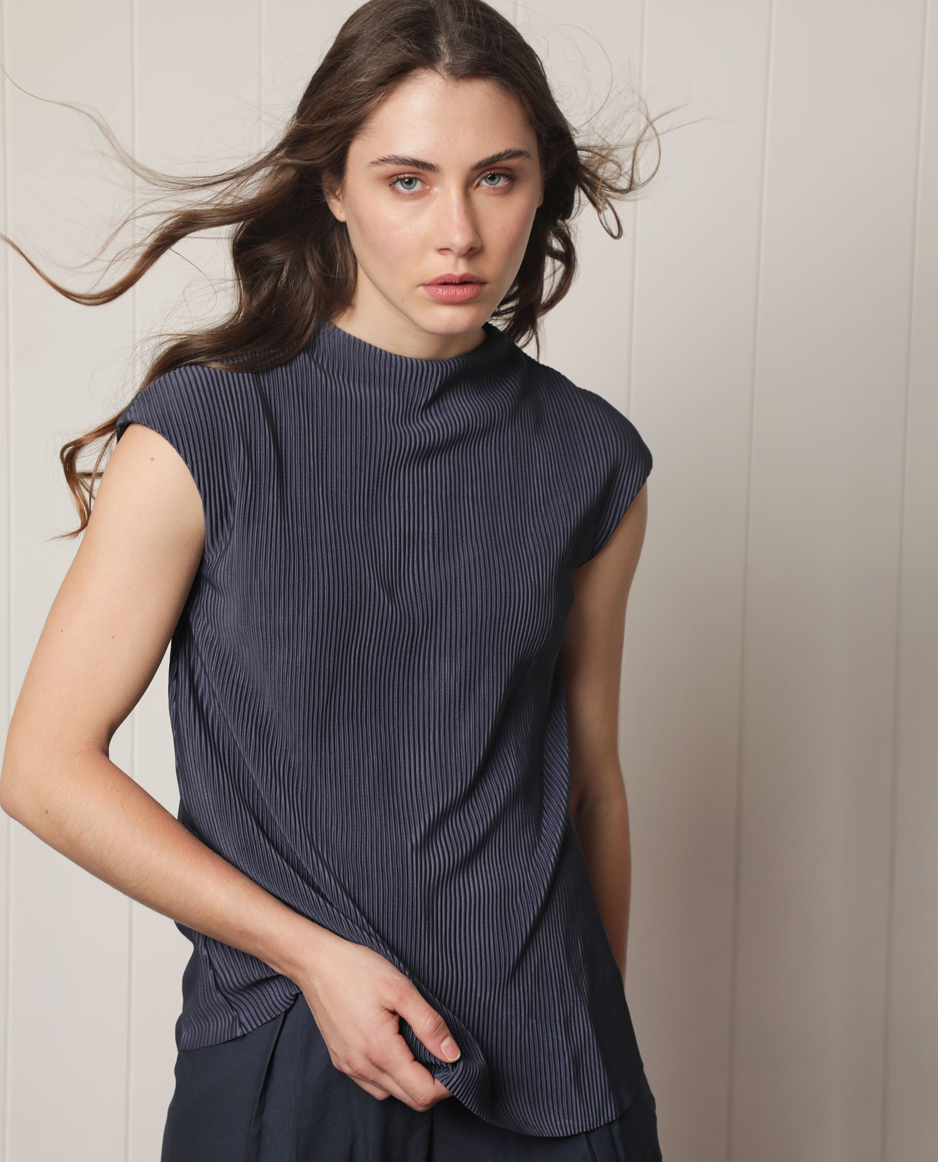 Rareism Women's Daffo Navy Polyester High Neck Textured Sleeveless Relaxed Fit Top