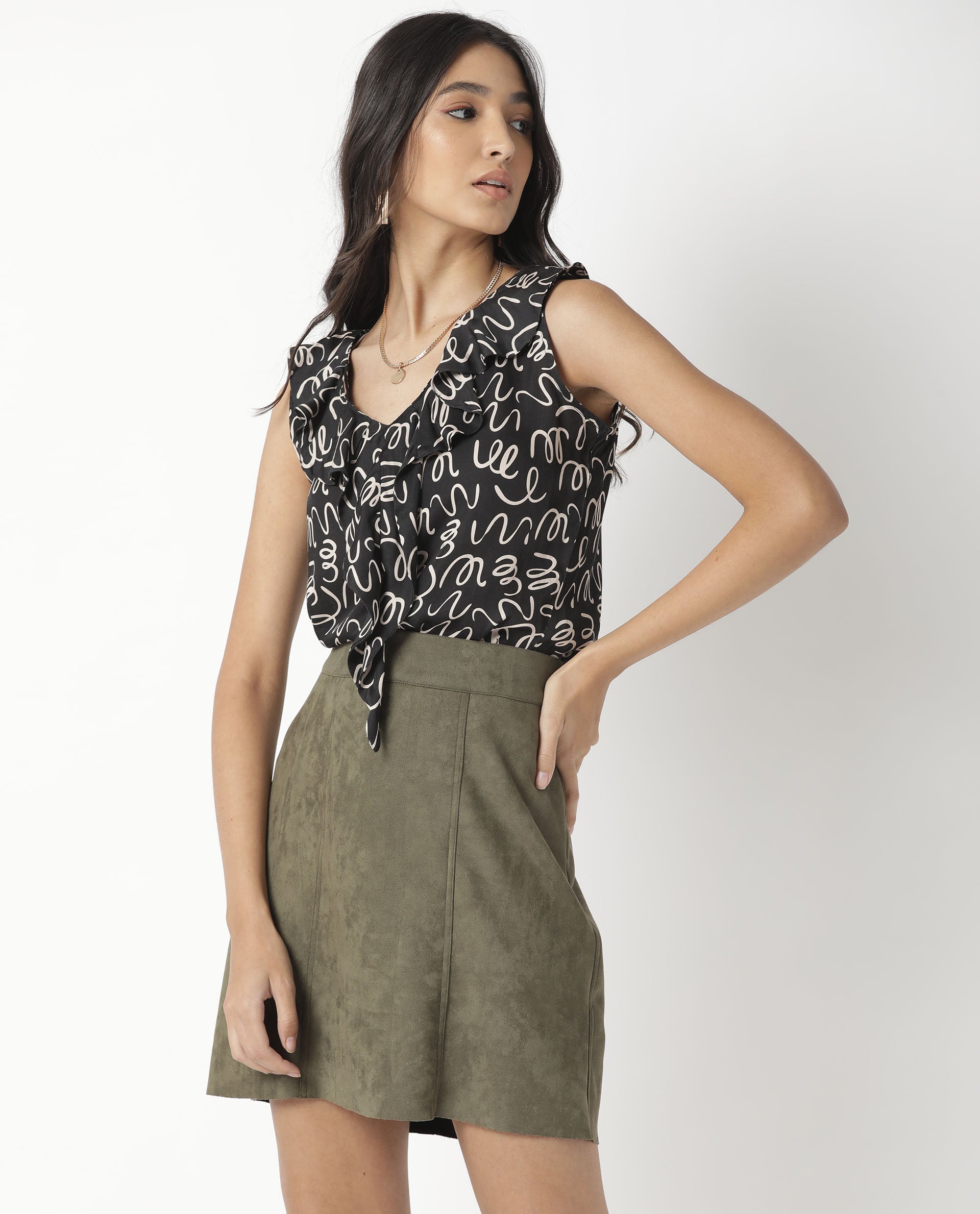 Rareism Women Curls Black Modal Satin Fabric Tailored Fit V-Neck Sleeveless Abstract Print Top