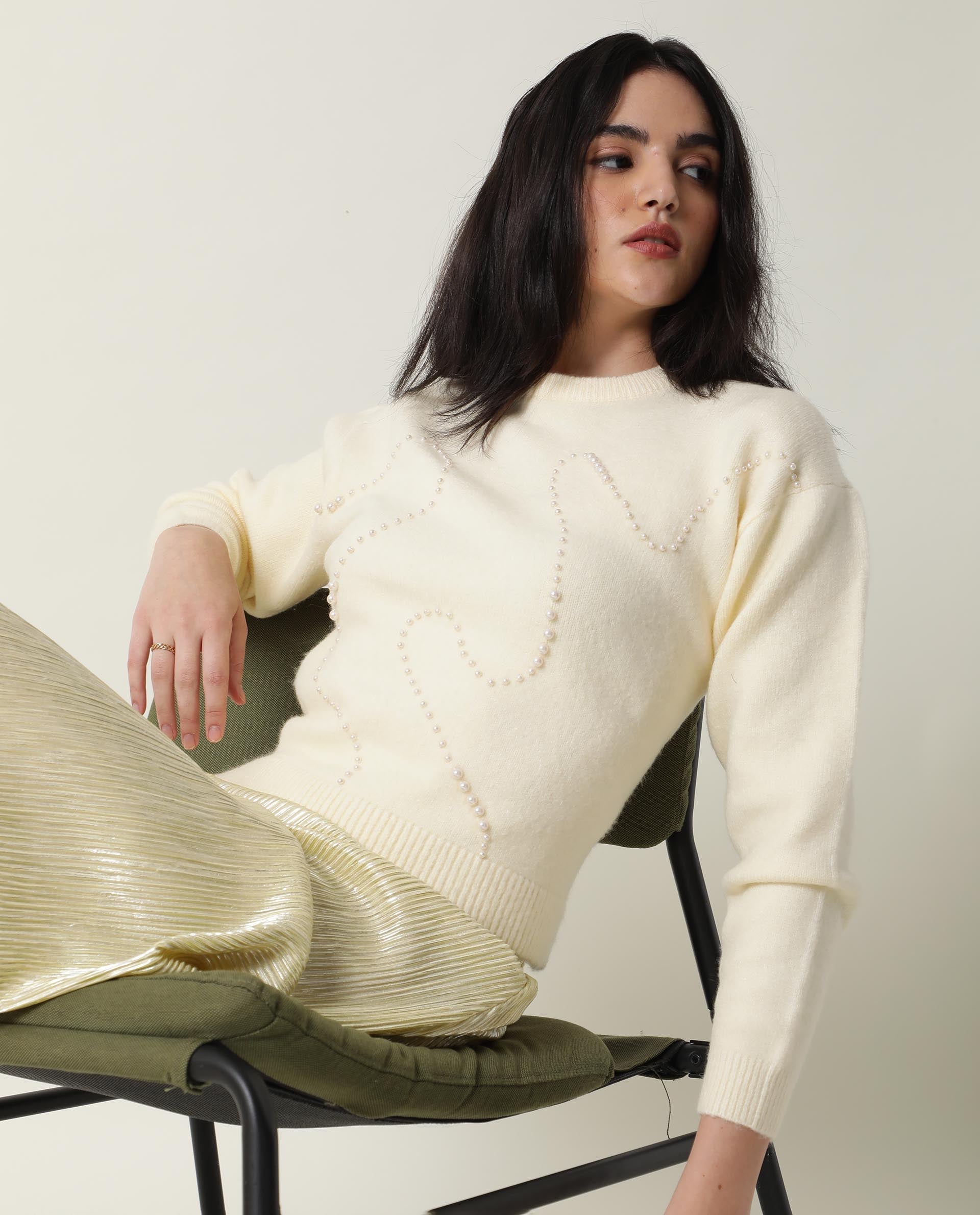 Rareism Women's Tulsy Offwhite Acrylic Crew Neck Embellished Knee Length Regular Fit Sweater