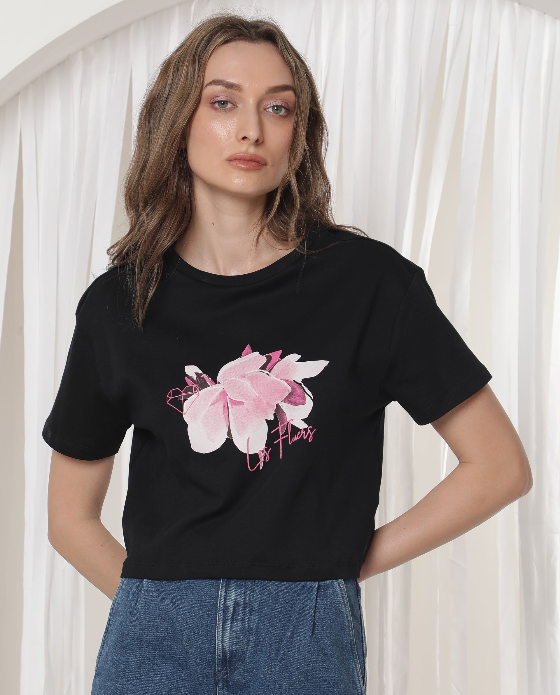 Rareism Women's Ictor Black Cotton Crew Neck Graphic Print Regular Fit T-Shirt