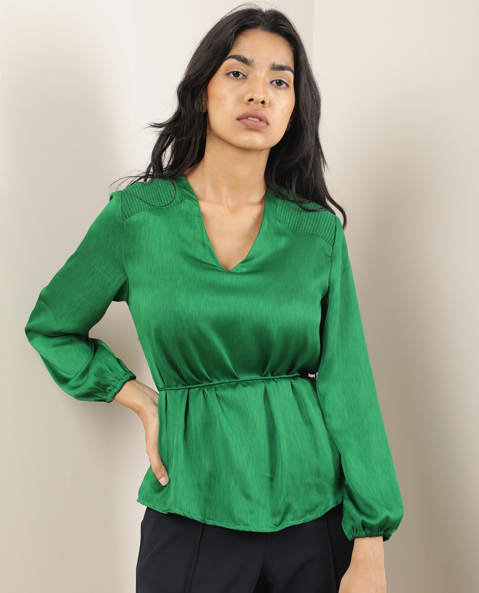 Rareism Womens Dronite Green Top Polyester Fabric Full Sleeve V Neck