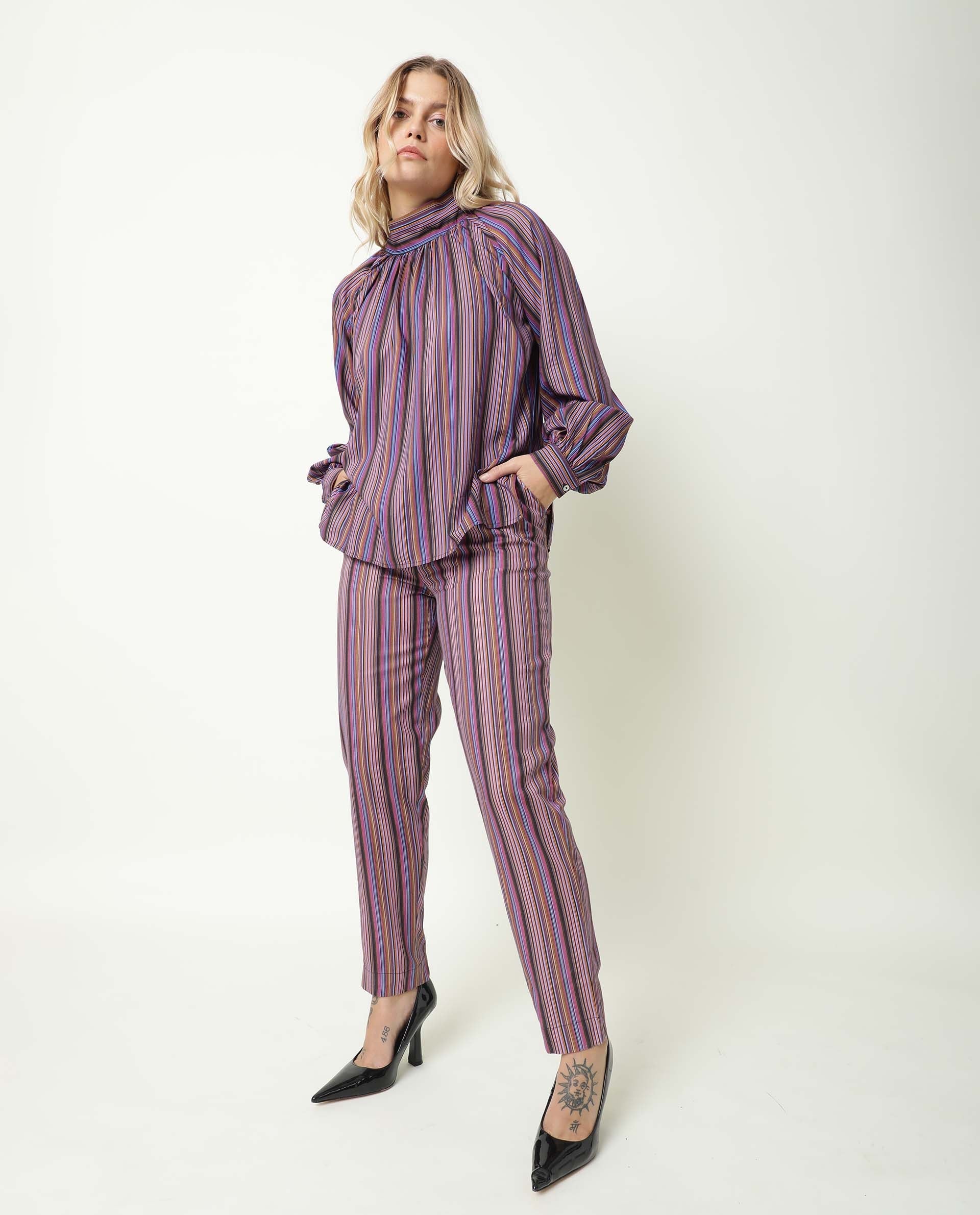 Rareism Women's Autumn Multi High Neck Striped Knee Length Regular Fit Top