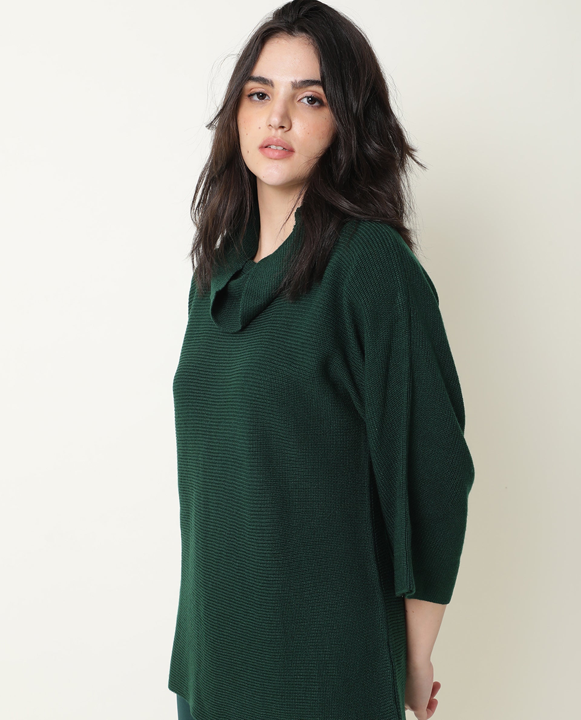 Rareism Women Sasho Green Acrylic Fabric 3/4Th Sleeves Relaxed Fit Solid Cowl Neck Sweater