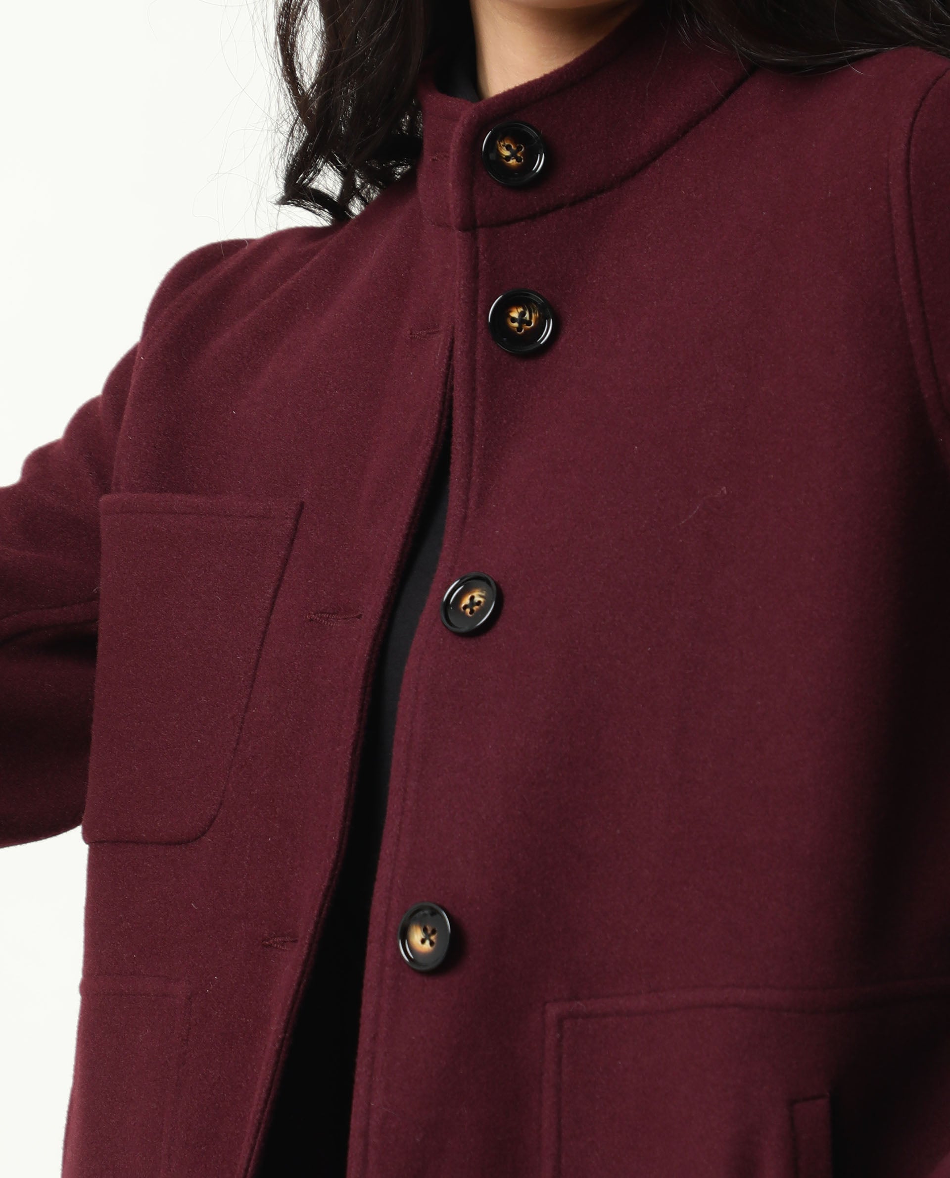 Rareism Women Comico Maroon Polyester Fabric Full Sleeves Solid Mandarin Collar Jacket