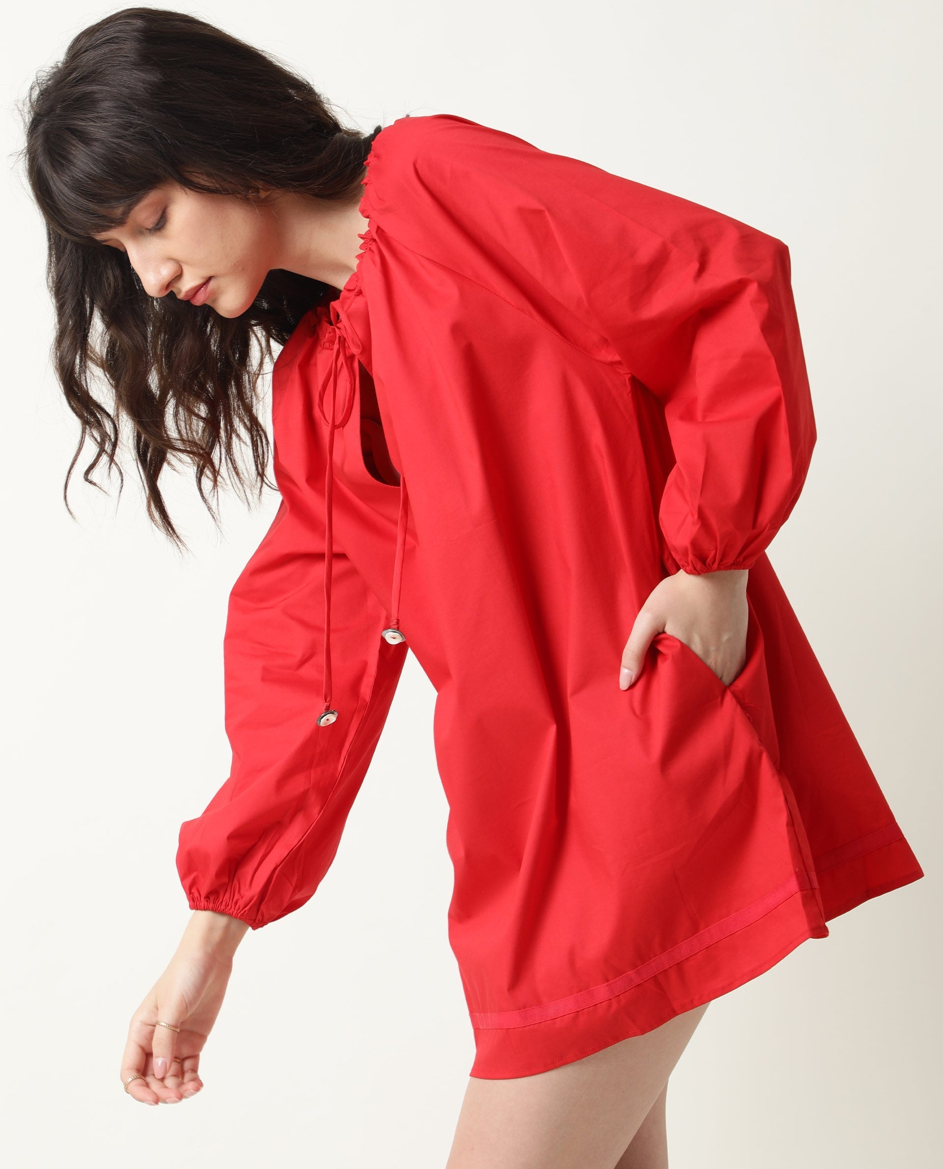 Rareism Womens Sapie Red Dress Cotton Fabric Boxy Fit Round Neck