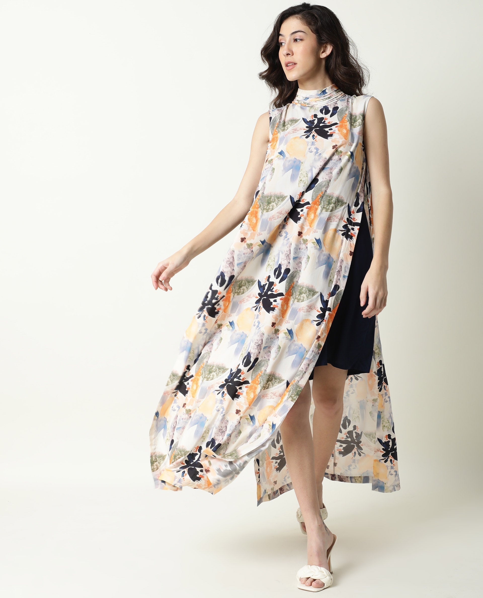 Rareism Women's Isa Multi High Neck Floral Print Sleeveless Knee Length Regular Fit Dress