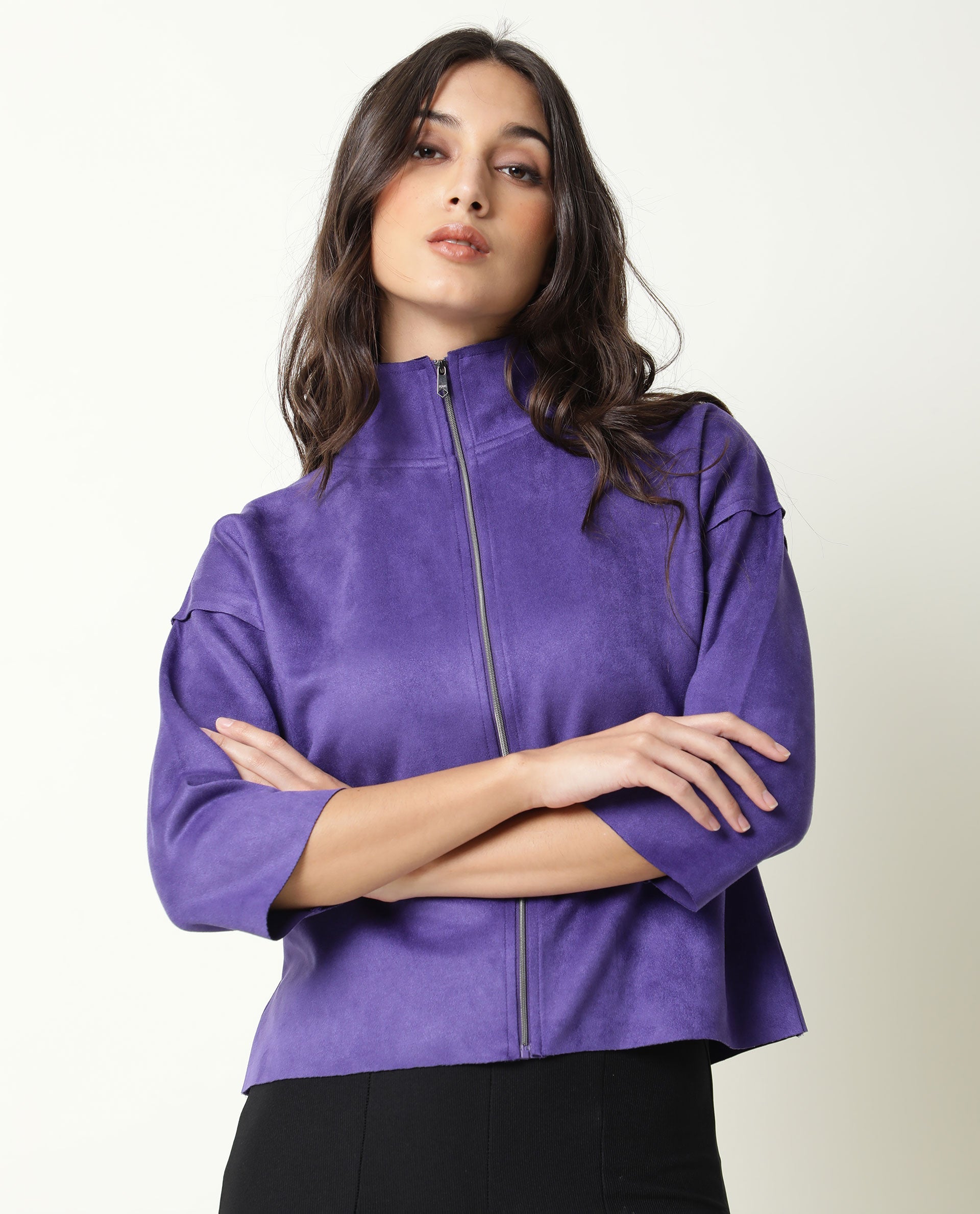 Rareism Women's Vasu Purple Polyester High Neck Plain Regular Fit Jacket