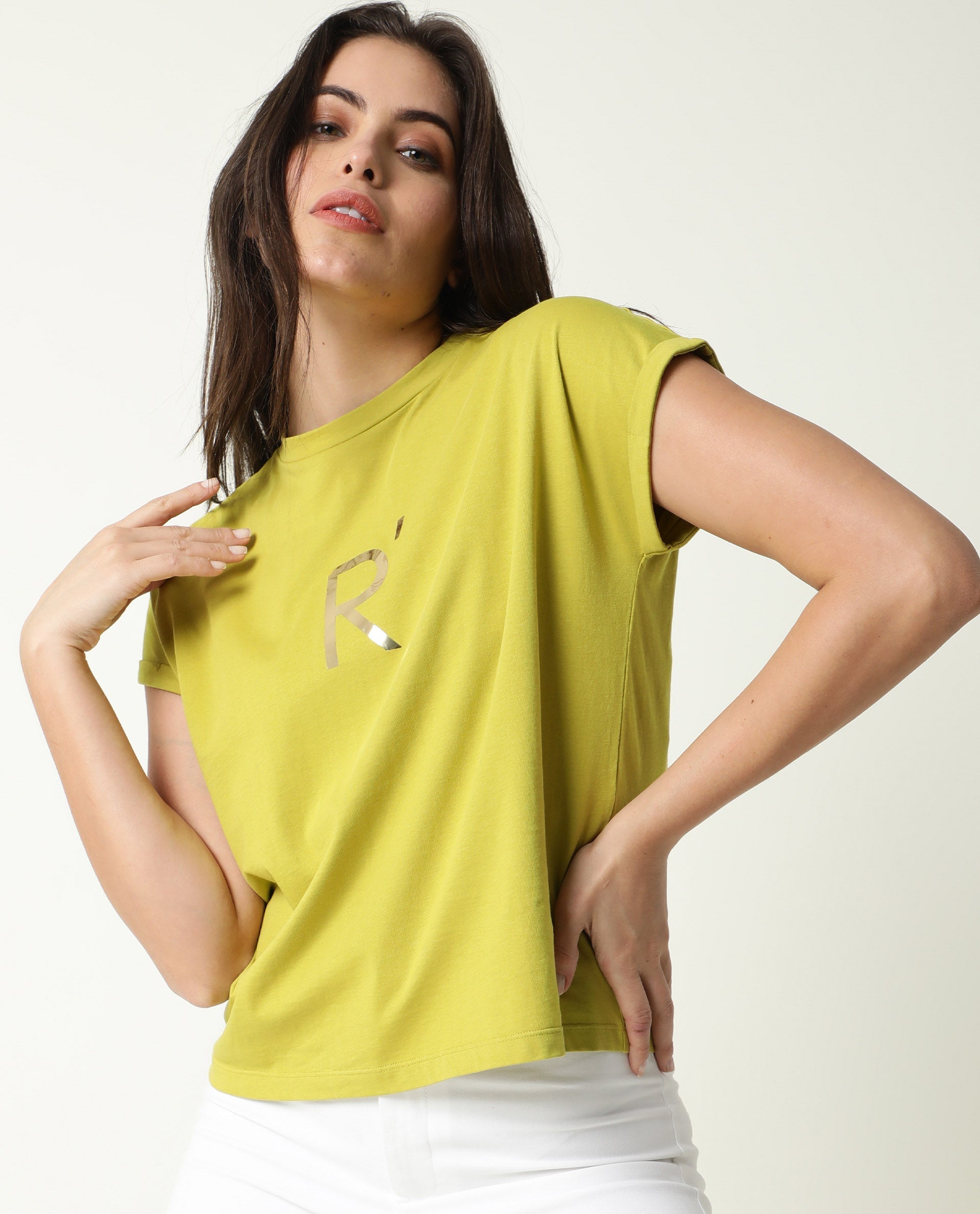 Rareism Women Rad Flouroscent Green Cotton Fabric Regular Fit Half Sleeves Graphic Print Crew Neck T-Shirt