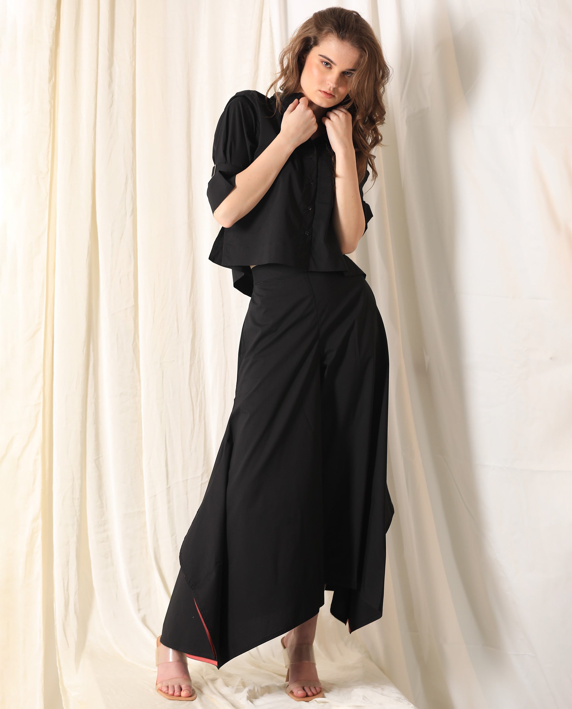 Rareism Womens Sendai Black Top Poly Lycra Fabric Regular Fit Half Sleeve Collared Neck