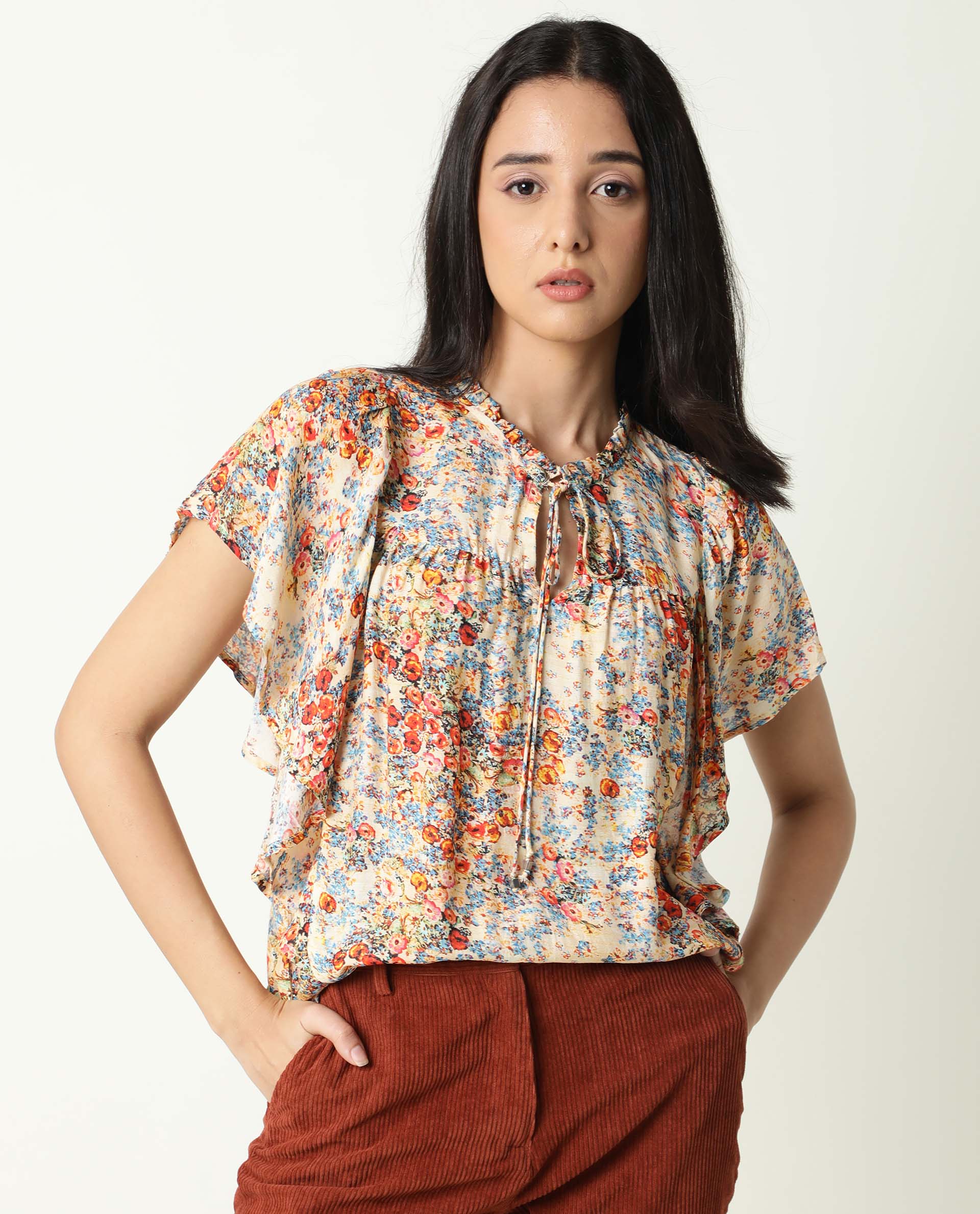 Rareism Women's Nigel Offwhite Cotton Blend Tie-Up Neck Floral Print Ruffled Sleeve Relaxed Fit Top