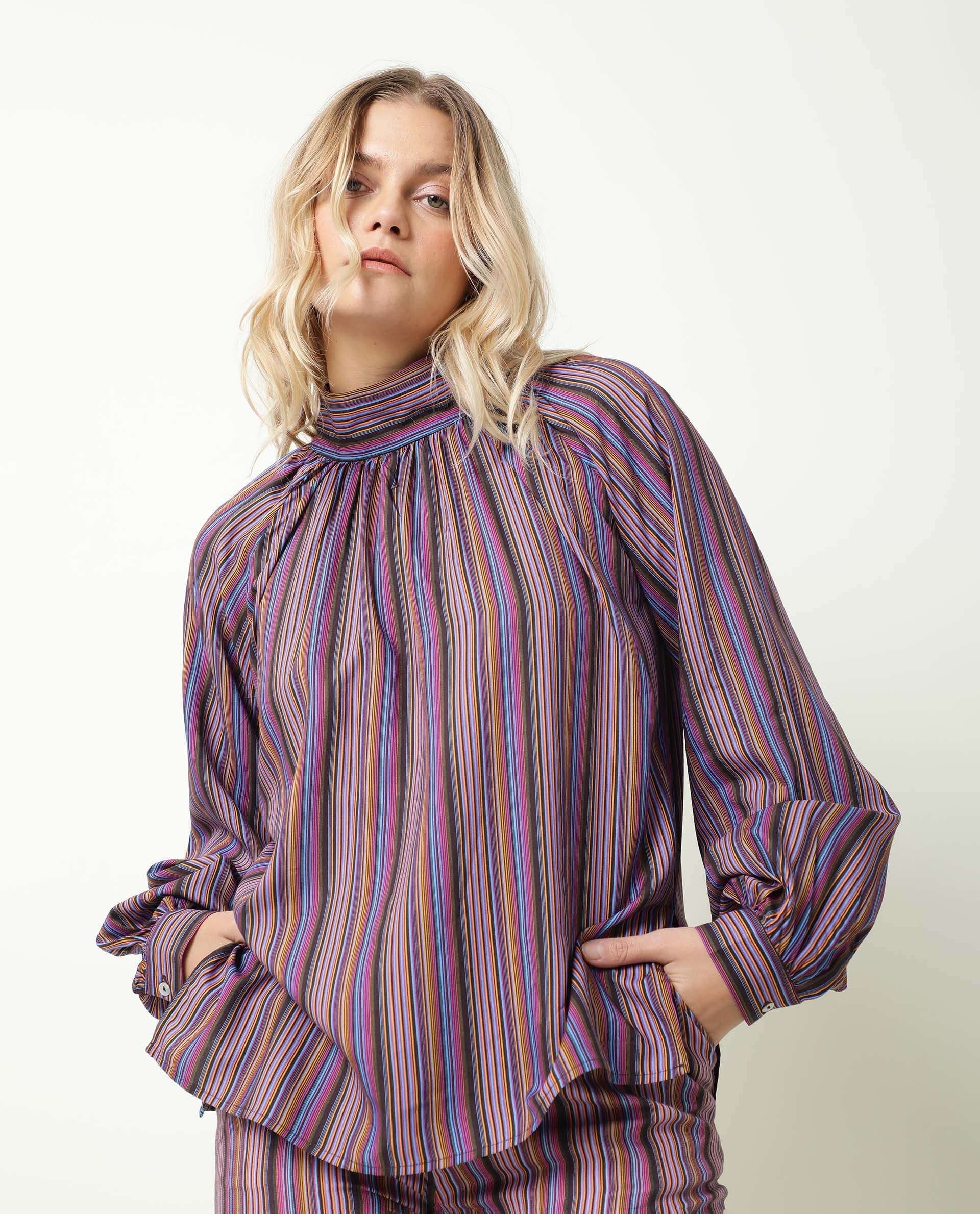 Rareism Women's Autumn Multi High Neck Striped Knee Length Regular Fit Top