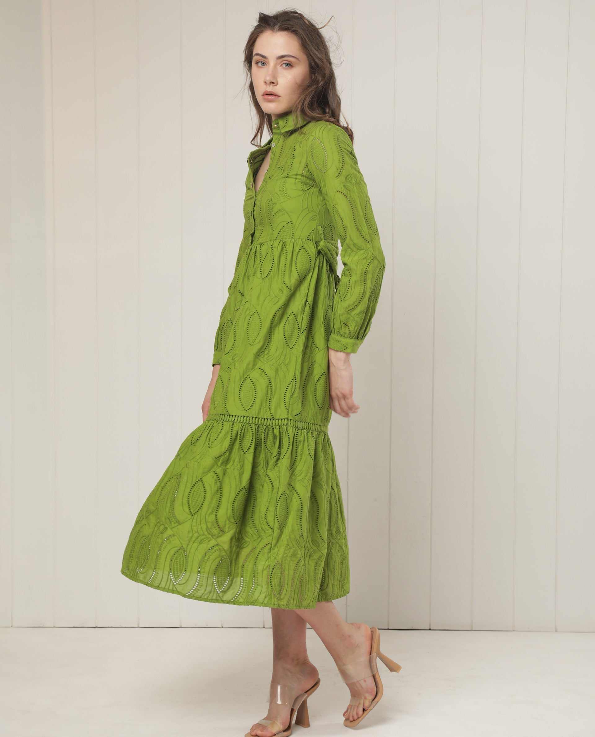 Rareism Women's Darcy Green Cotton Spread Collar Schiffli Knee Length Slim Fit Dress