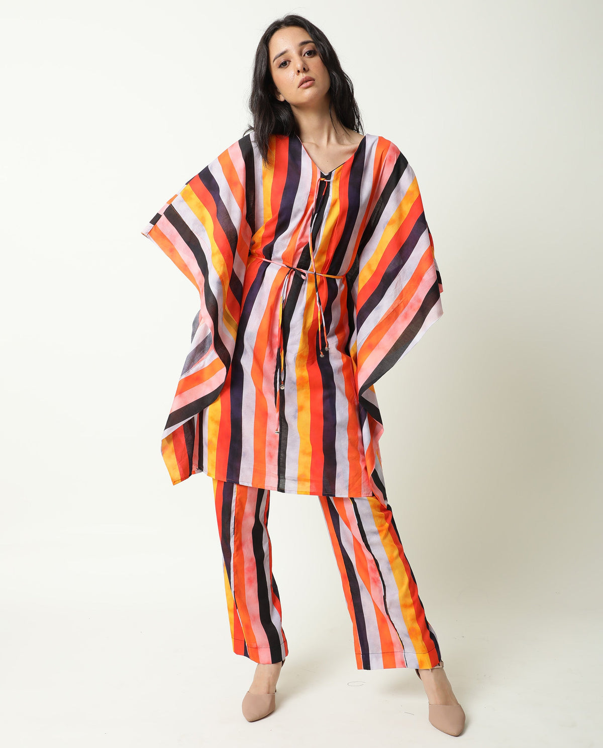 Rareism Women Fact Multi Abstract V Neck Tie Up At Neck And Waist Kaftan Knee Length Dress