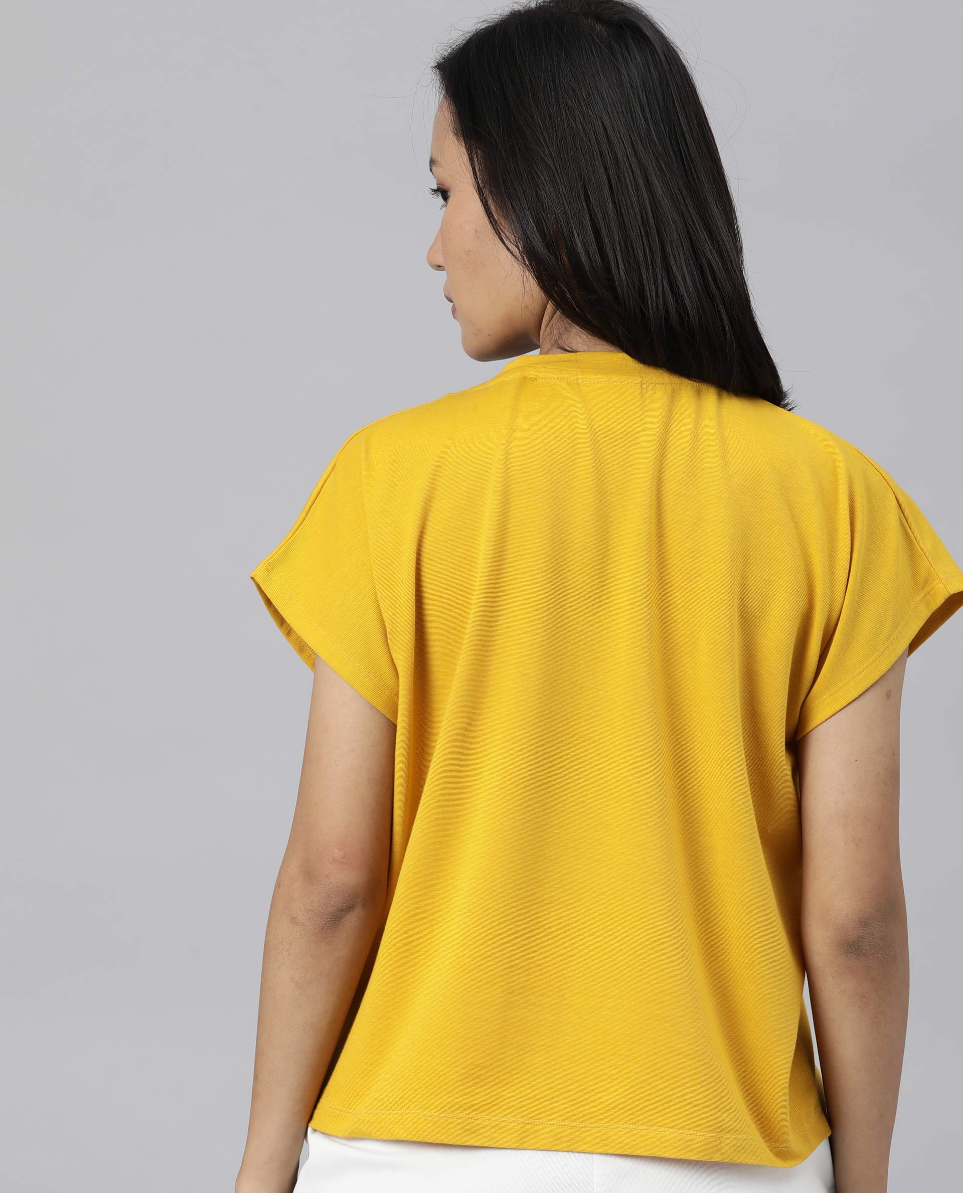 Rareism Womens Hola Mustard T-Shirt High Neck Polycotton Spandex Fabric
