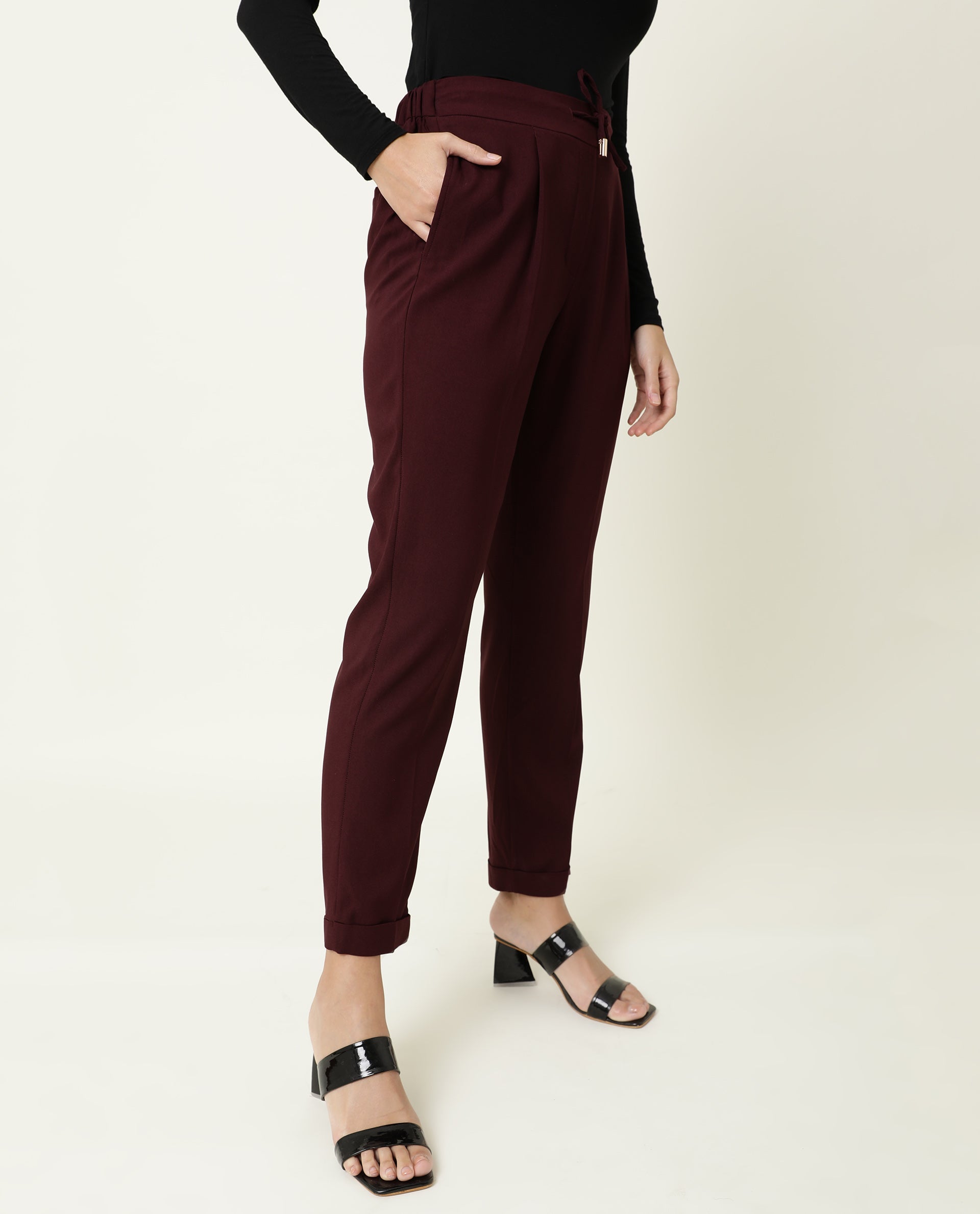 Rareism Women's Jeremiah Maroon Polyester Blend Plain Ankle Length Tailored Trouser