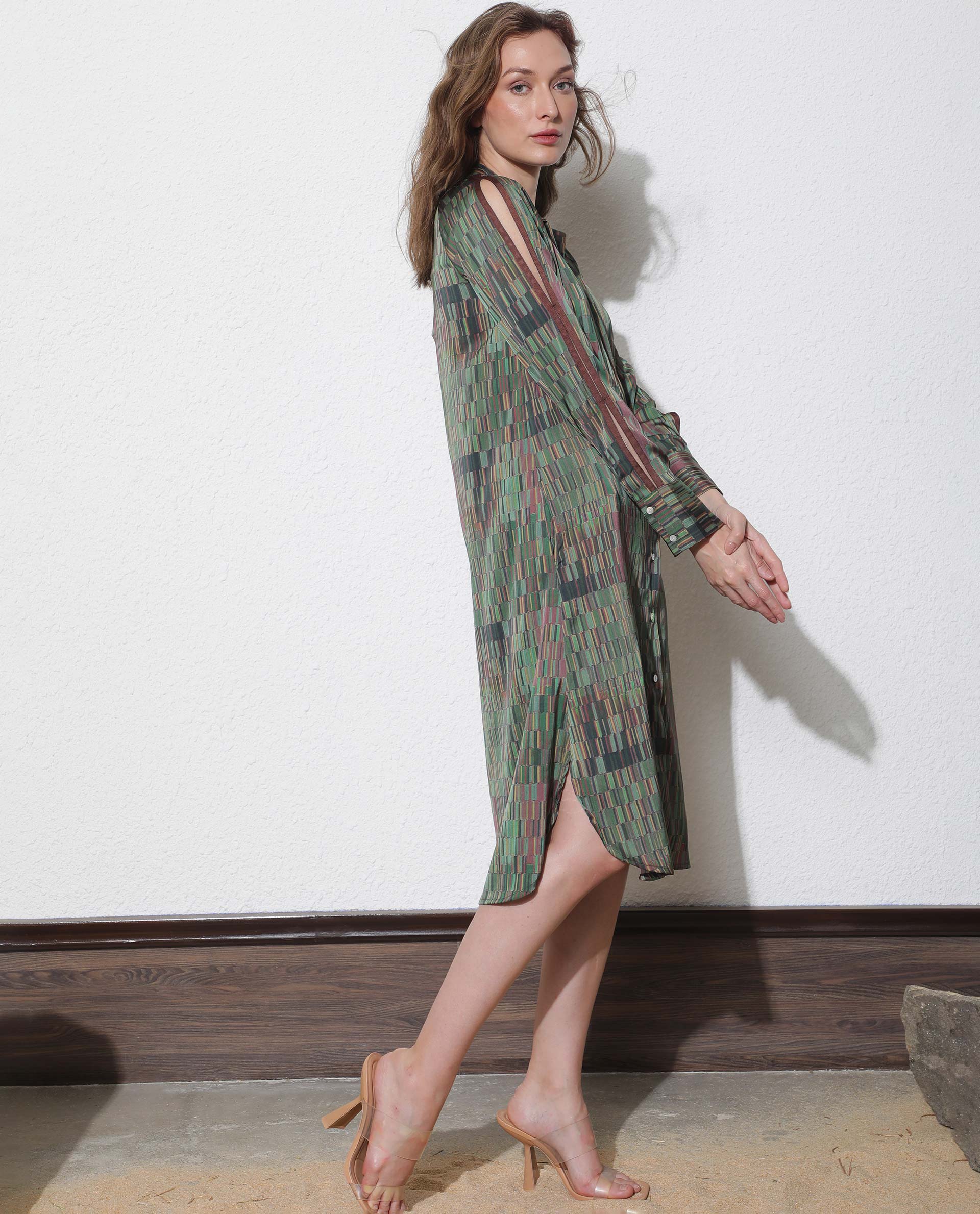 Rareism Women's Reign Olive Cotton Spread Collar Geometric Print Maxi Regular Fit Dress