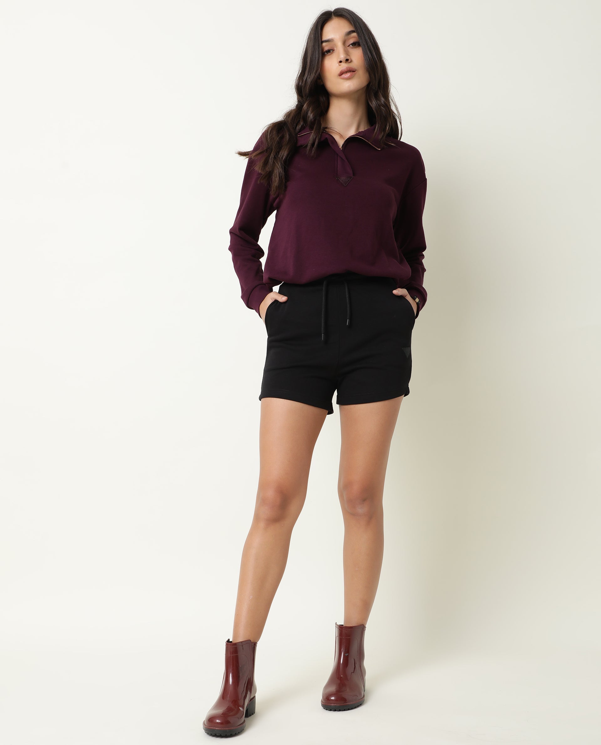 Rareism Women Taffy-1 Dark Purple Relaxed Fit Full Sleeves Solid High Neck Sweatshirt