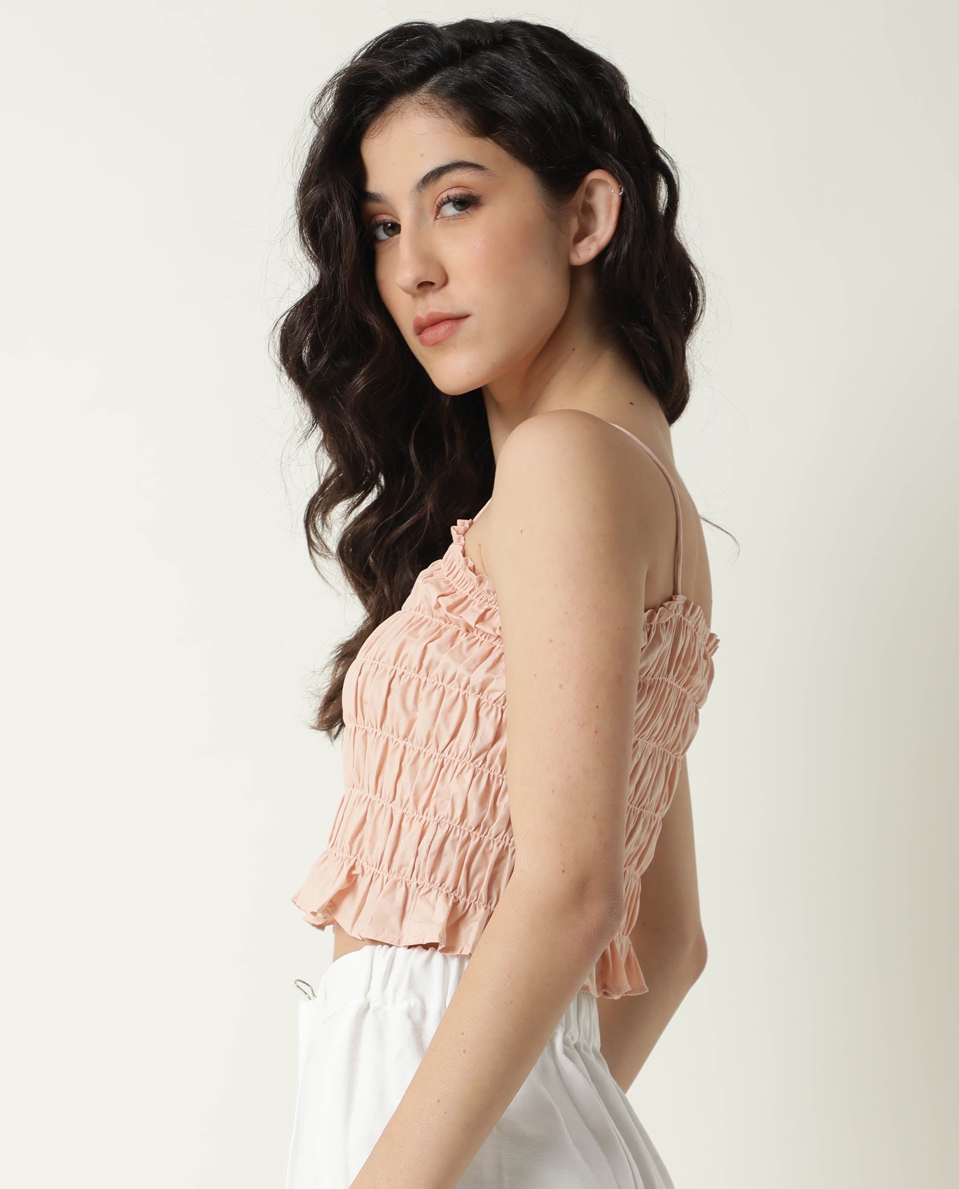 Rareism Womens Jaspersky Peach Top Cotton Fabric Sleeveless Square Neck
