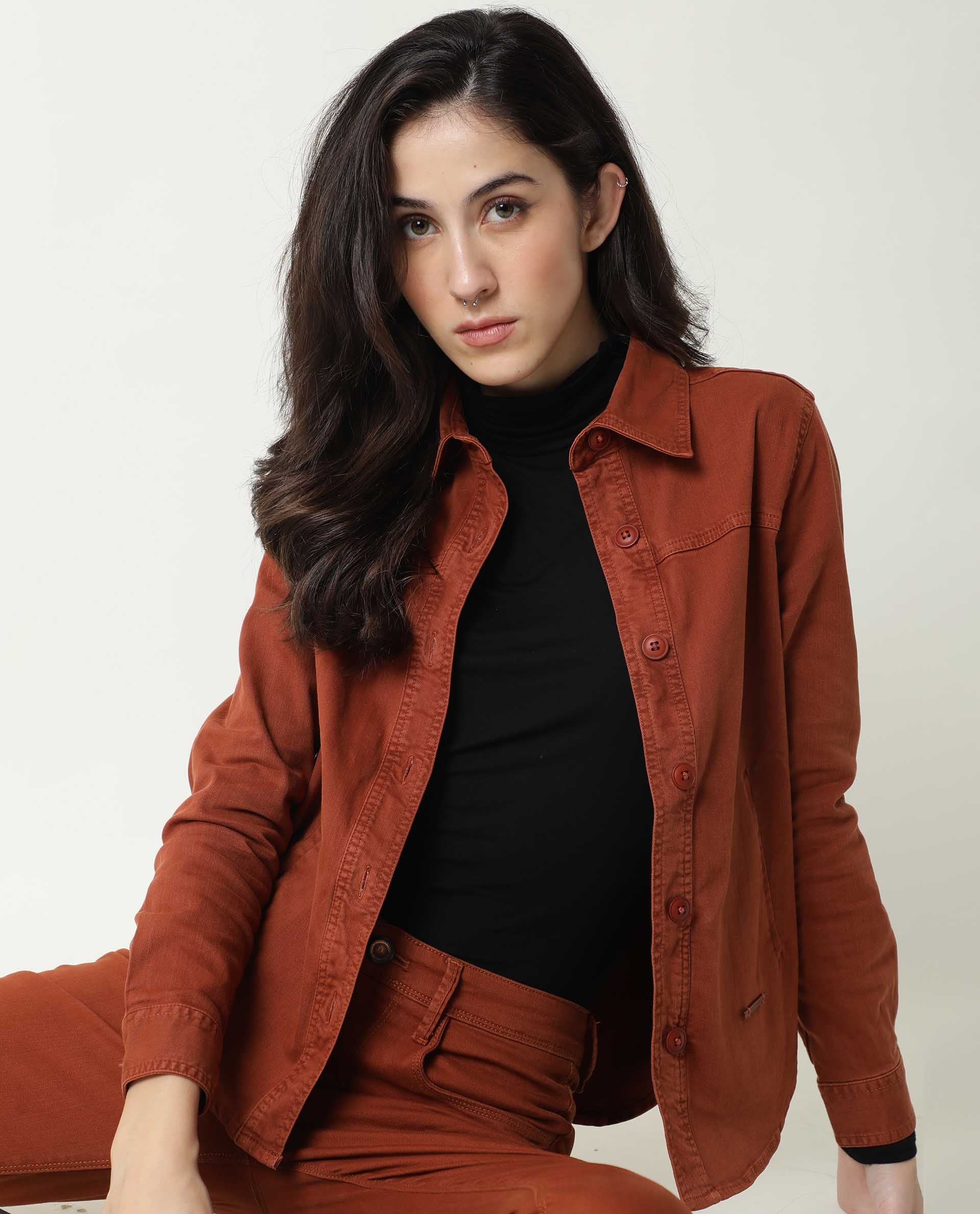 Rareism Women Mission Rust Cotton Lycra Fabric Full Sleeves Solid Shirt Collar Jacket