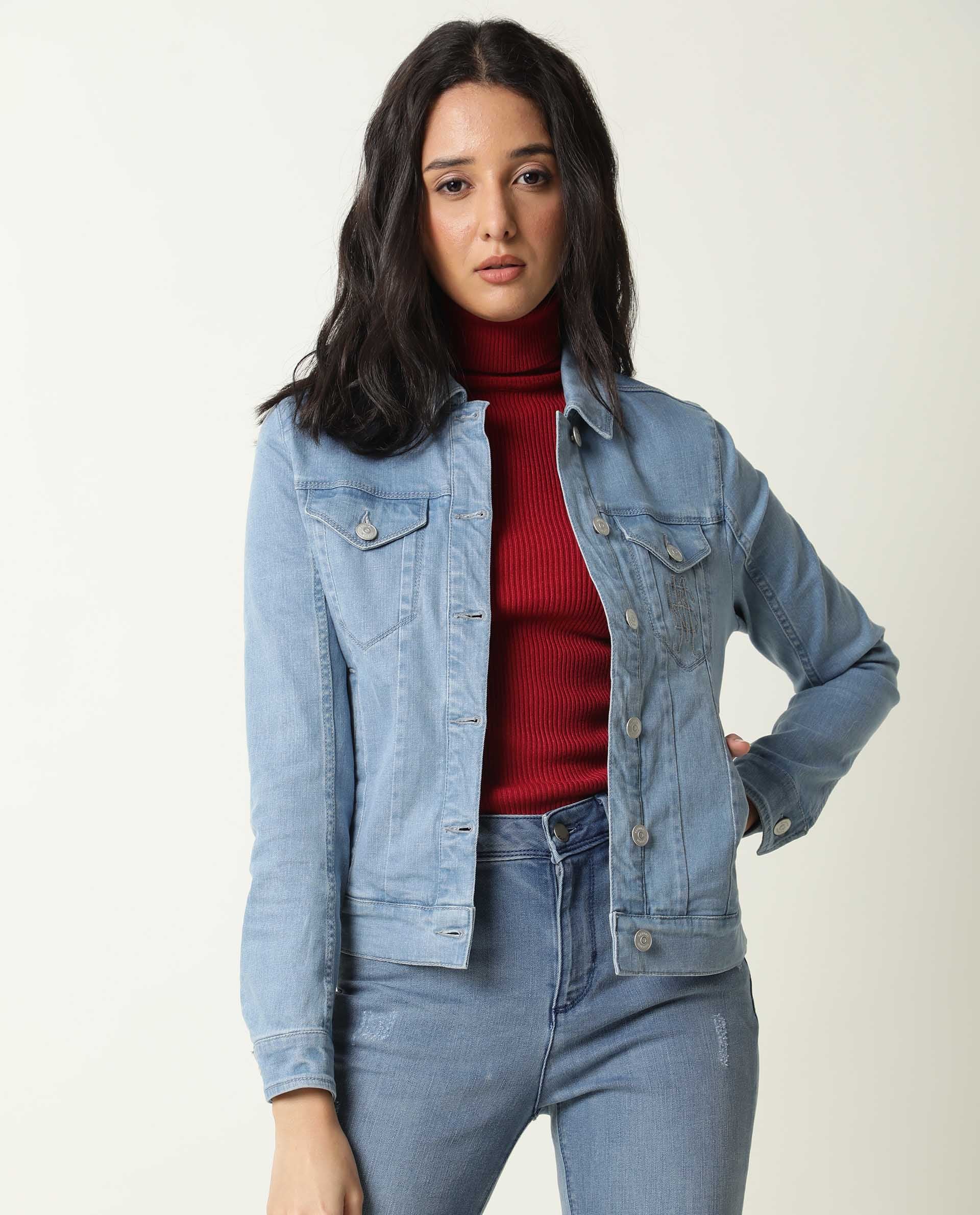 Rareism Women Misso Light Blue Cotton Lycra Fabric Full Sleeves Solid Shirt Collar Jacket