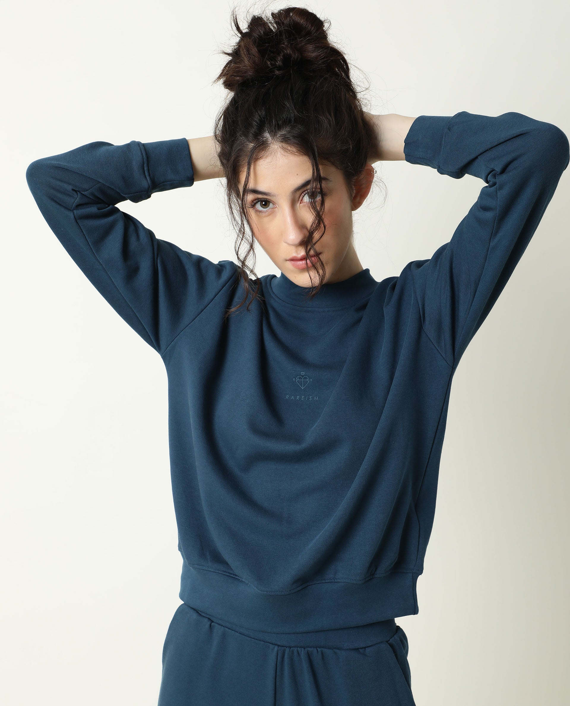 Rareism Women Necker Petrol Relaxed Fit Full Sleeves Solid High Neck Sweatshirt