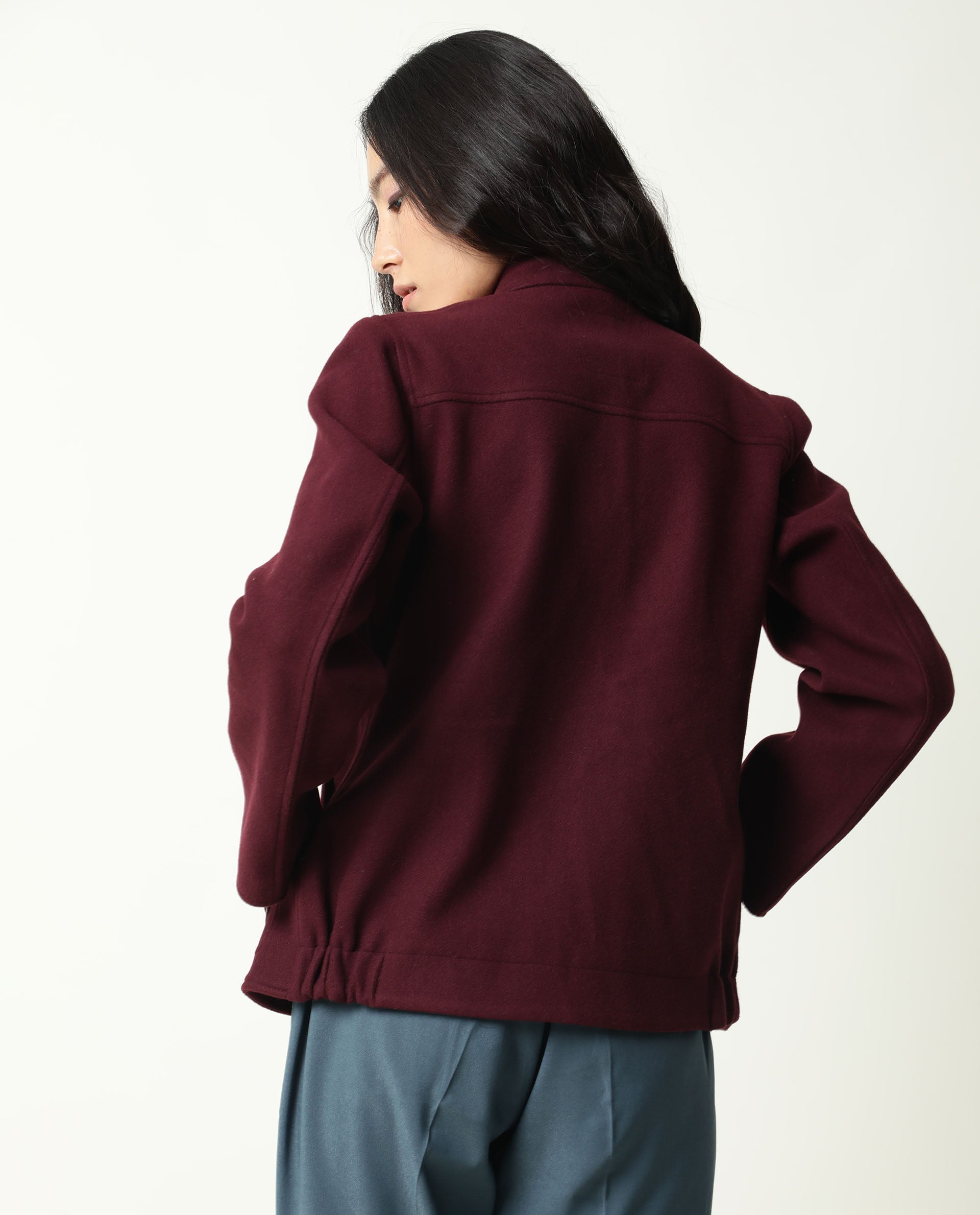 Rareism Women Comico Maroon Polyester Fabric Full Sleeves Solid Mandarin Collar Jacket