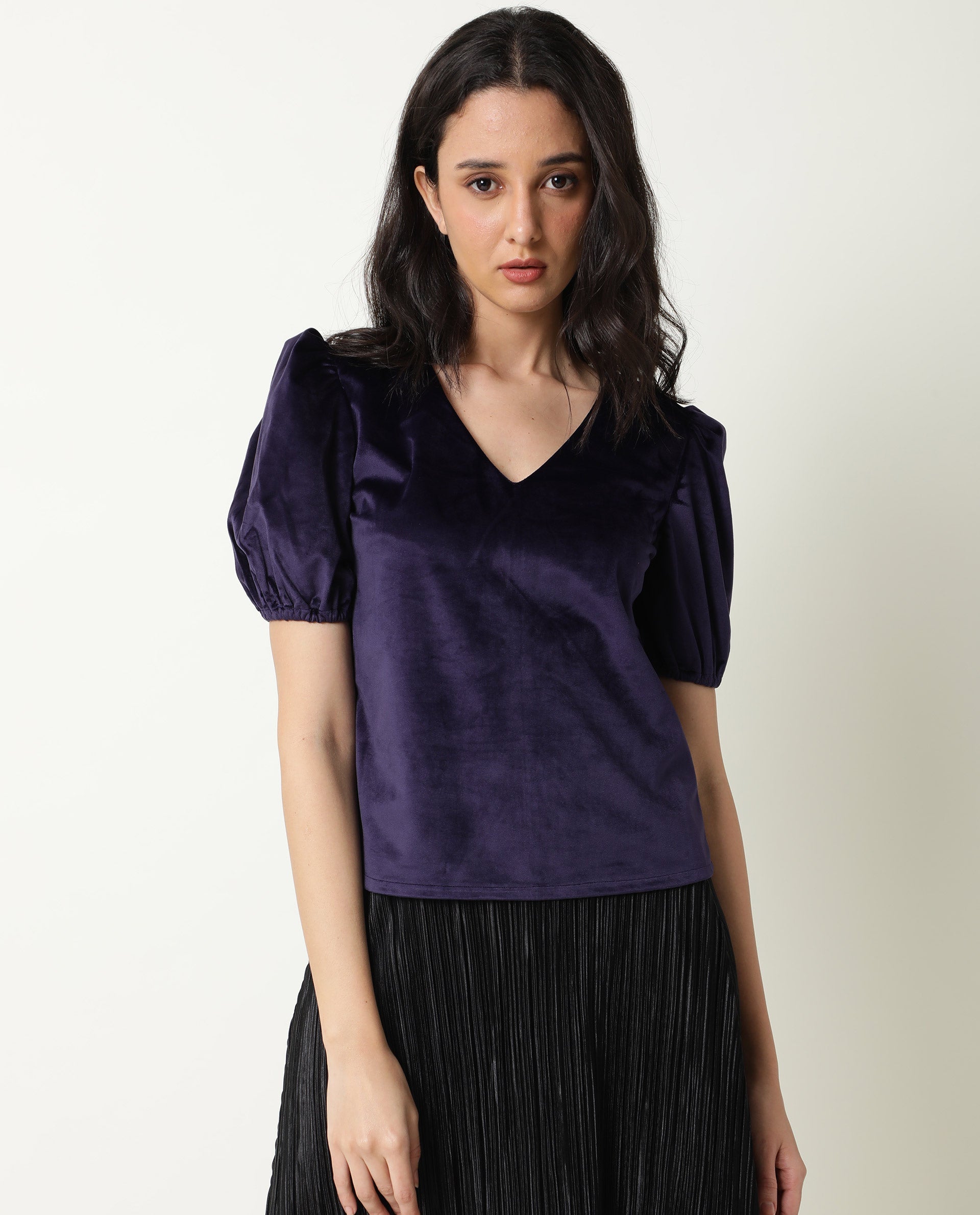 Rareism Women's Mun Navy V-Neck Plain Puff Sleeves Knee Length Regular Fit Top