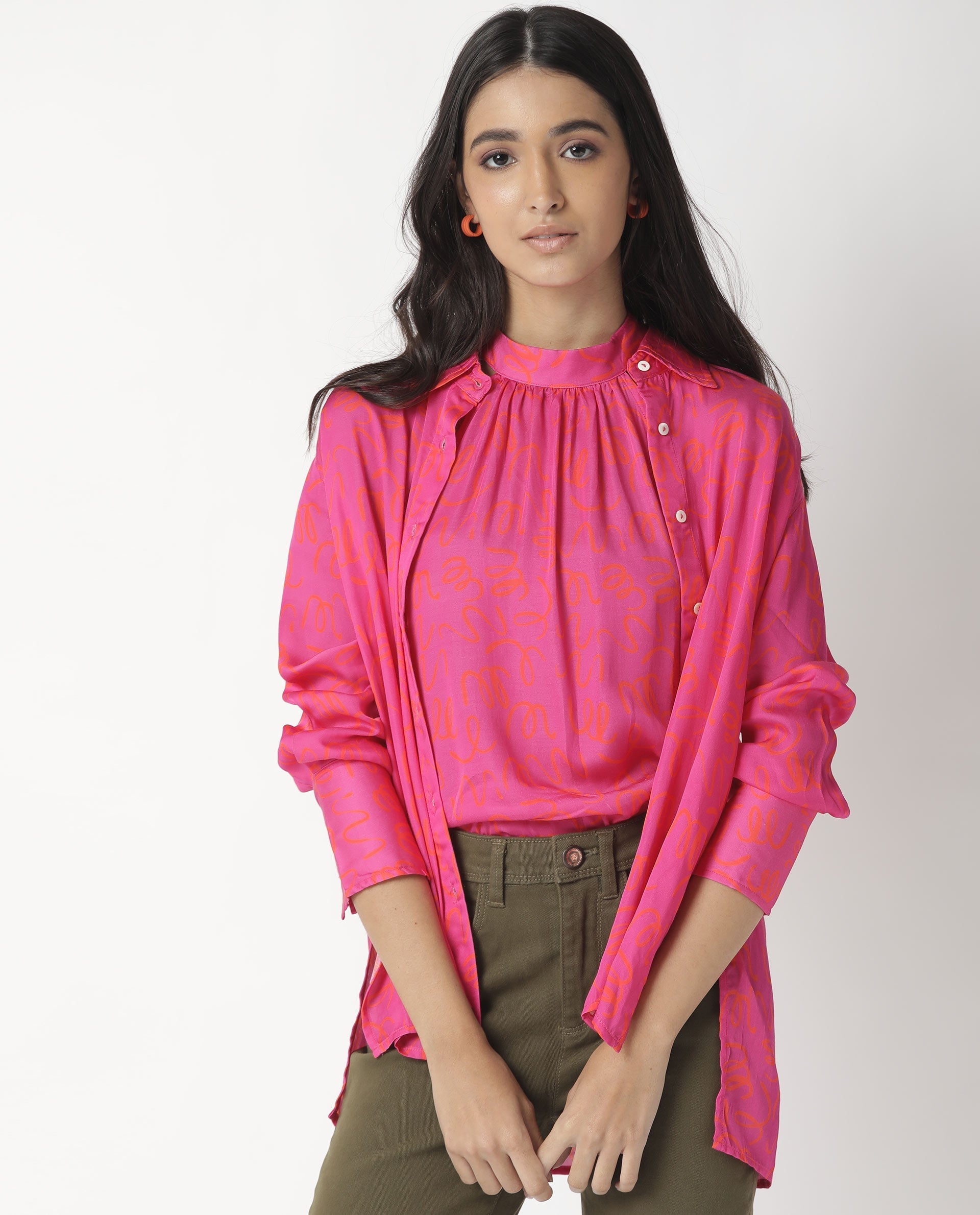 Rareism Womens Vani Pink Dress Modal Fabric Regular Fit Cuffed Sleeve Collared Neck