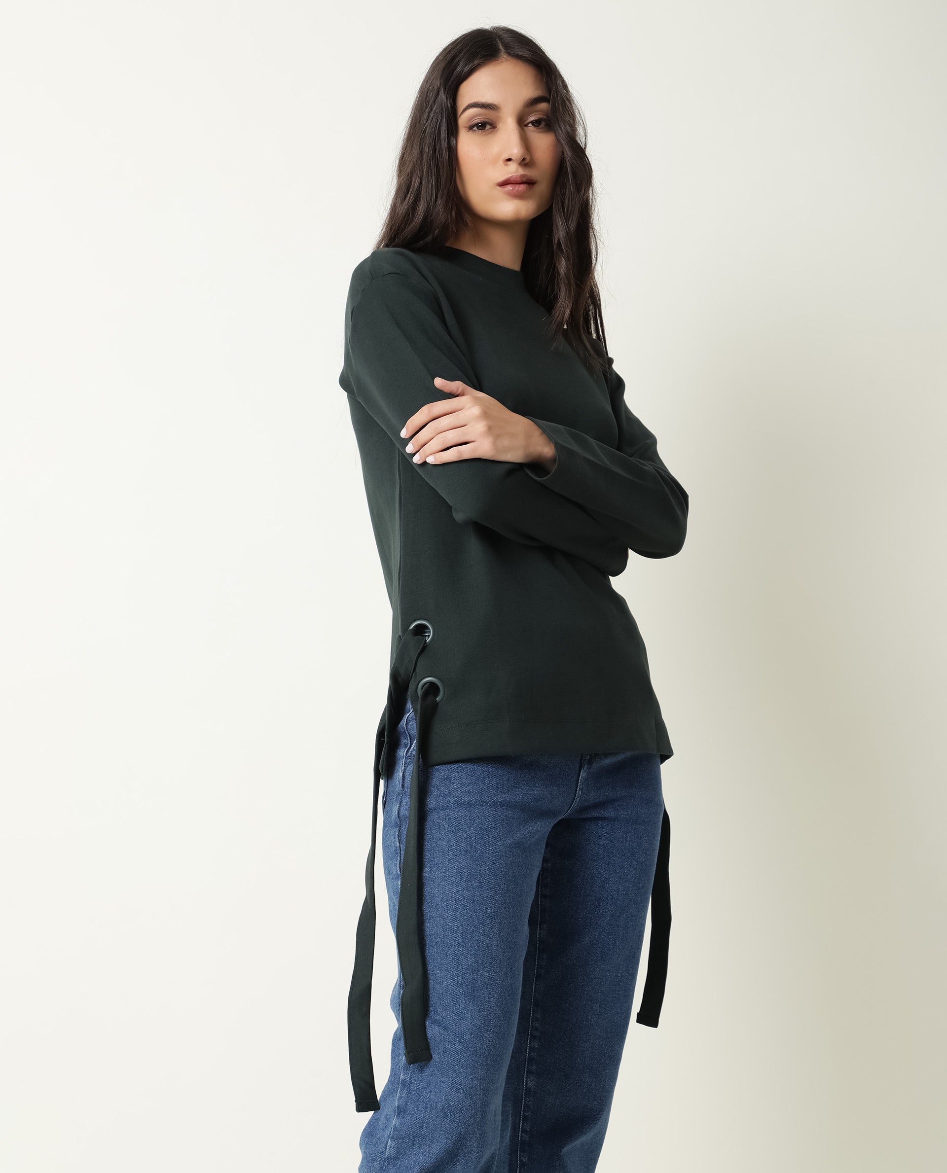 Rareism Women's Ross- Green Cotton Crew Neck Plain Regular Fit Top