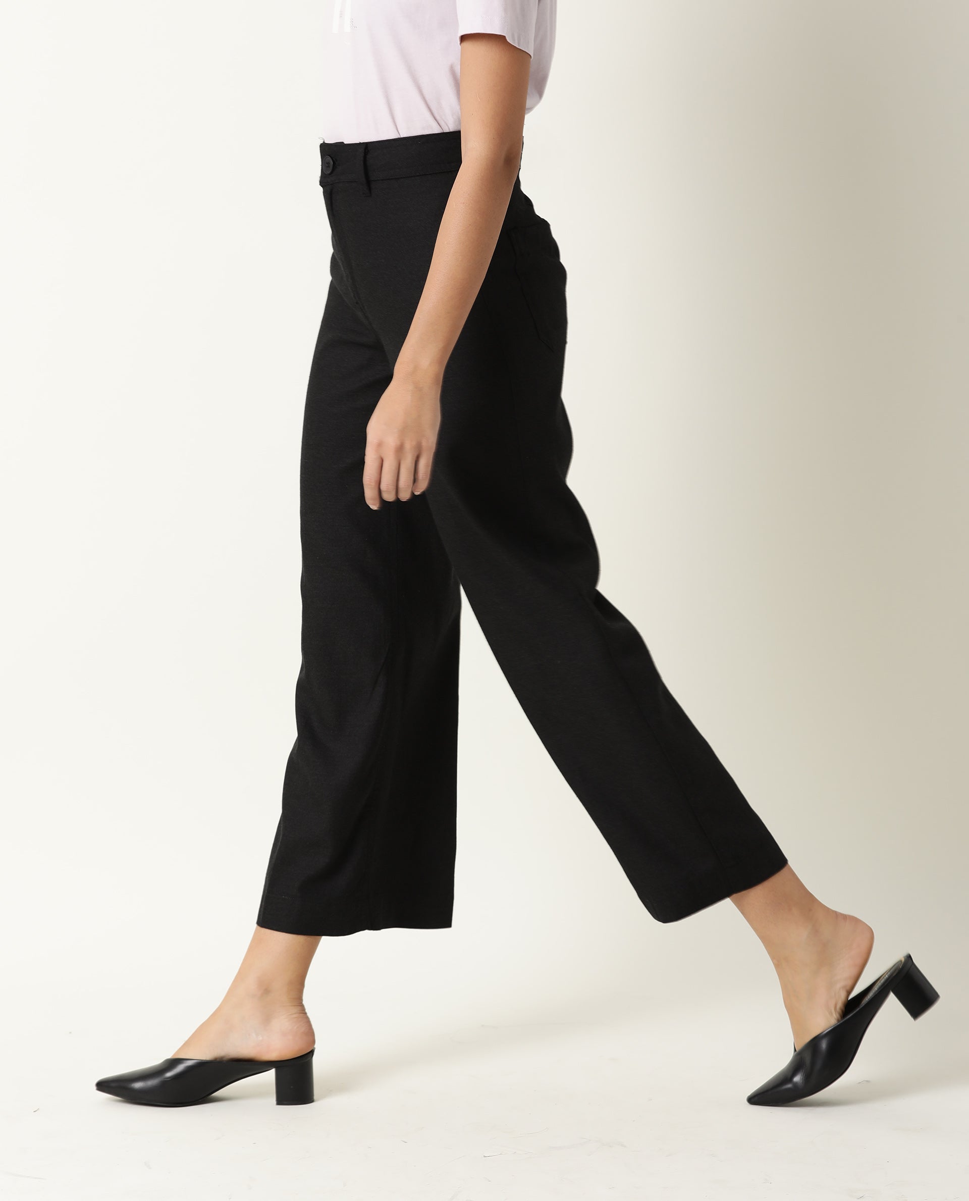 Rareism Women's Micky Black Cotton Blend Plain Ankle Length Tailored Trouser