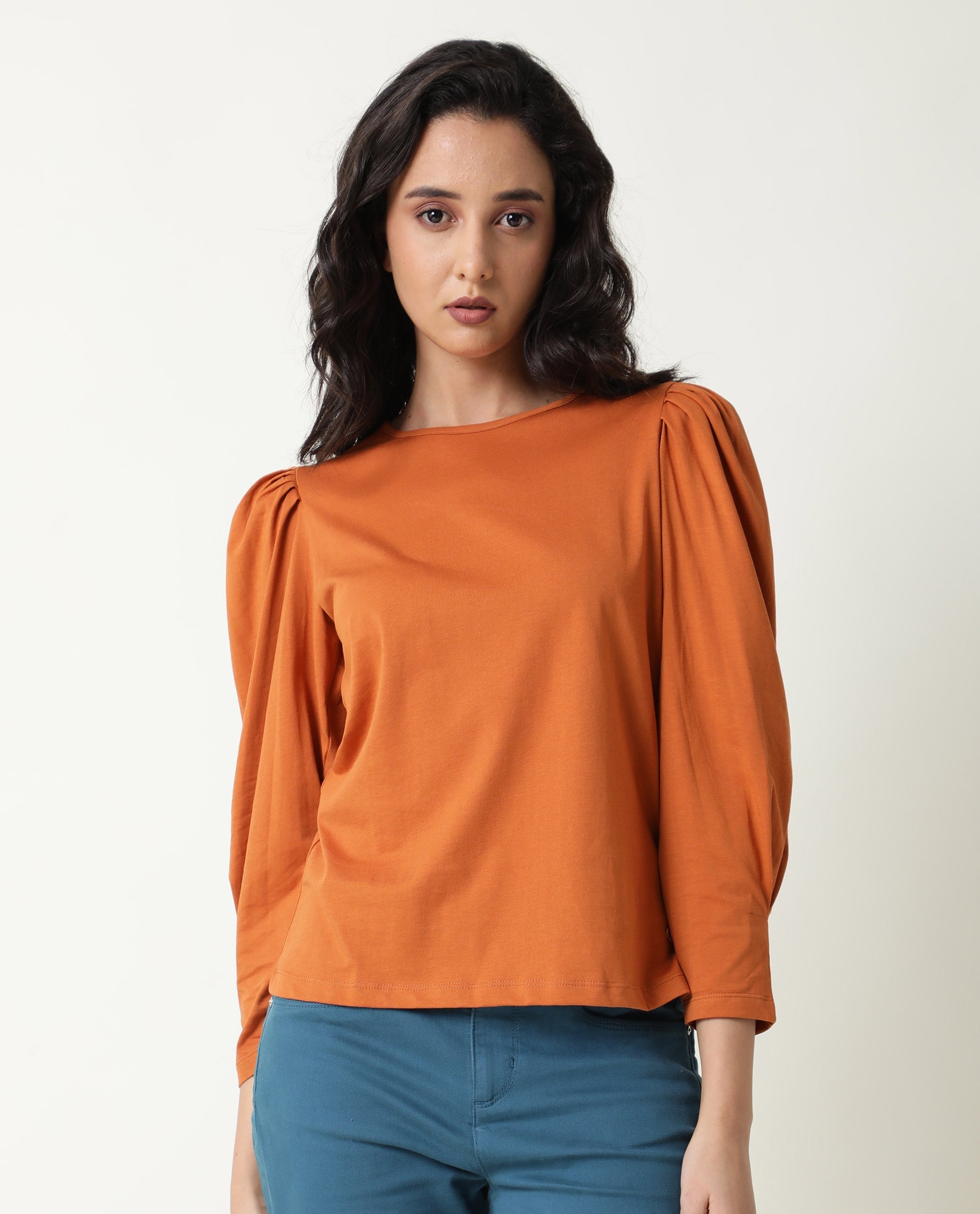 Rareism Women's Ballerina Orange Cotton Boat Neck Plain Midi Length Slim Fit Top
