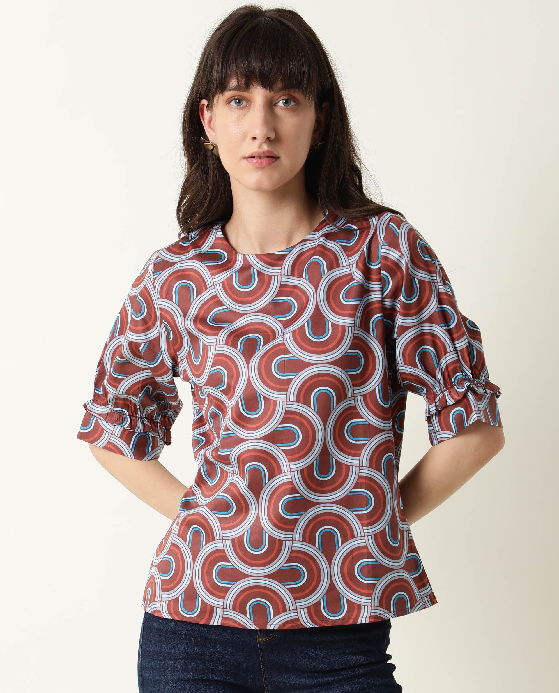Rareism Women's Jimmi Brown Cotton Crew Neck Geometric Print Regular Fit Top