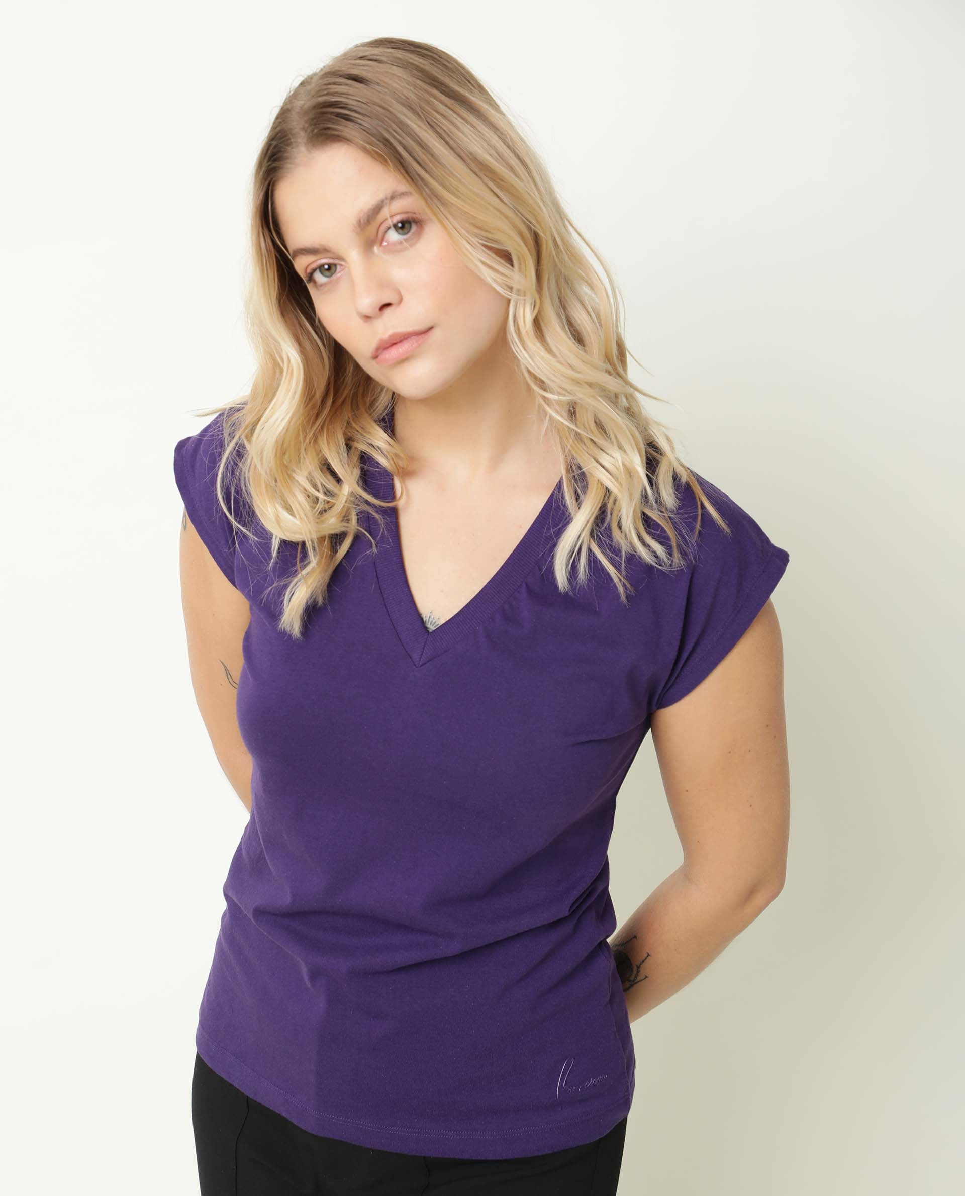 Rareism Women Debra Purple Cotton Fabric Regular Fit Half Sleeves Solid Crew Neck T-Shirt