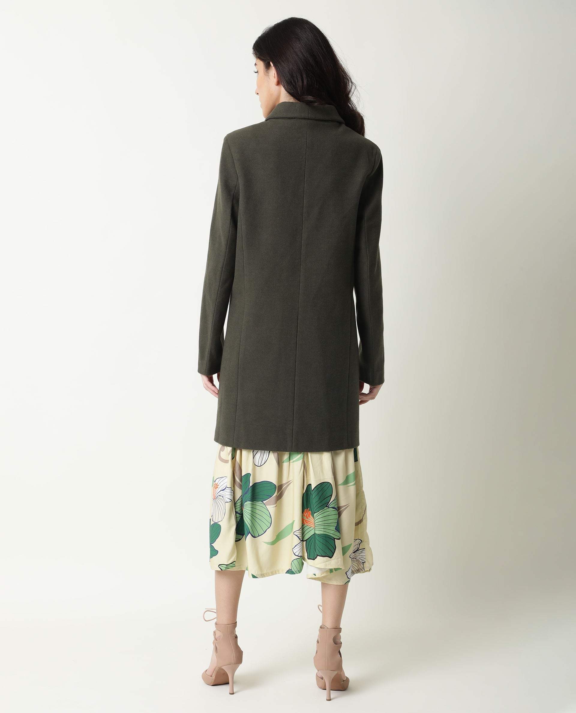 Rareism Women Avon Olive Polyester Fabric Full Sleeves Solid Lapel Neck Jacket