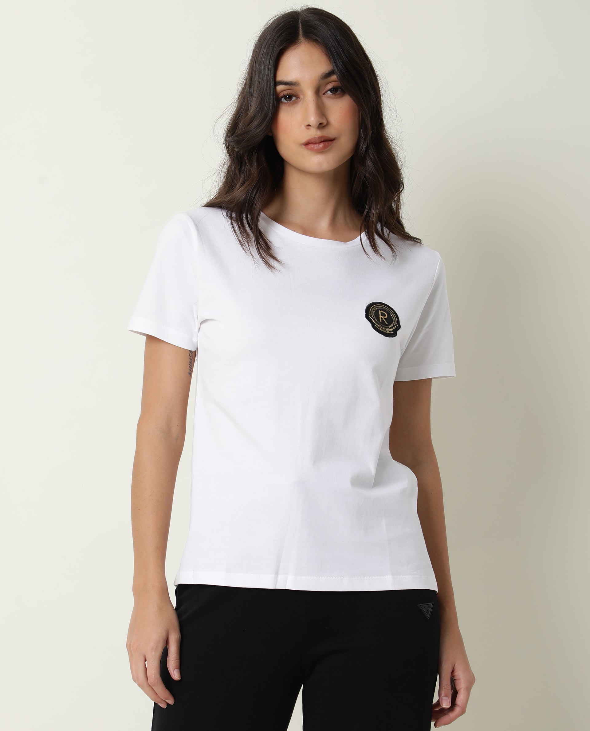 Rareism Women Fuji Off White Cotton Fabric Regular Fit Half Sleeves Graphic Print Crew Neck T-Shirt