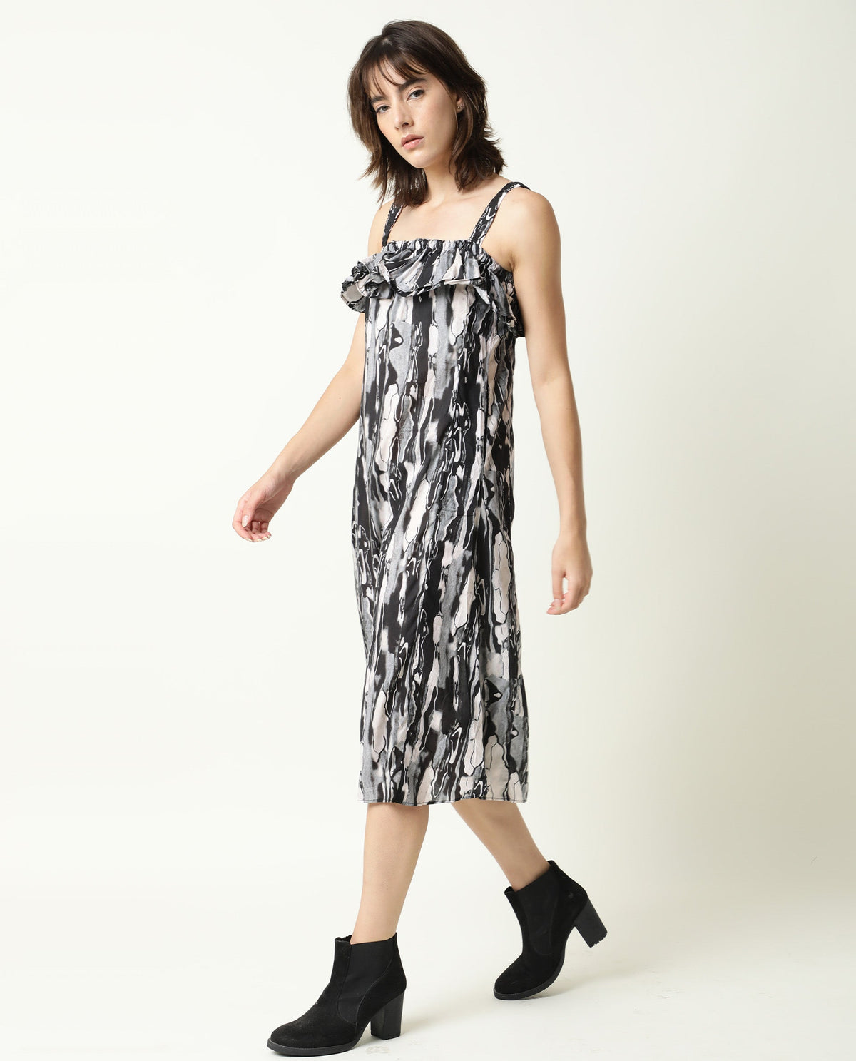 Rareism Women Darling Black Abstract Print Broad Shoulder Straps Ruffled Square Neck Midi Dress