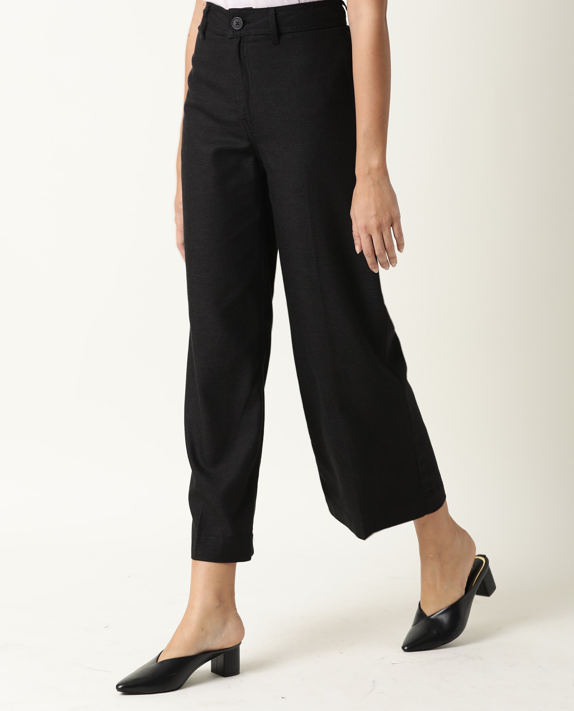 Rareism Women's Micky Black Cotton Blend Plain Ankle Length Tailored Trouser