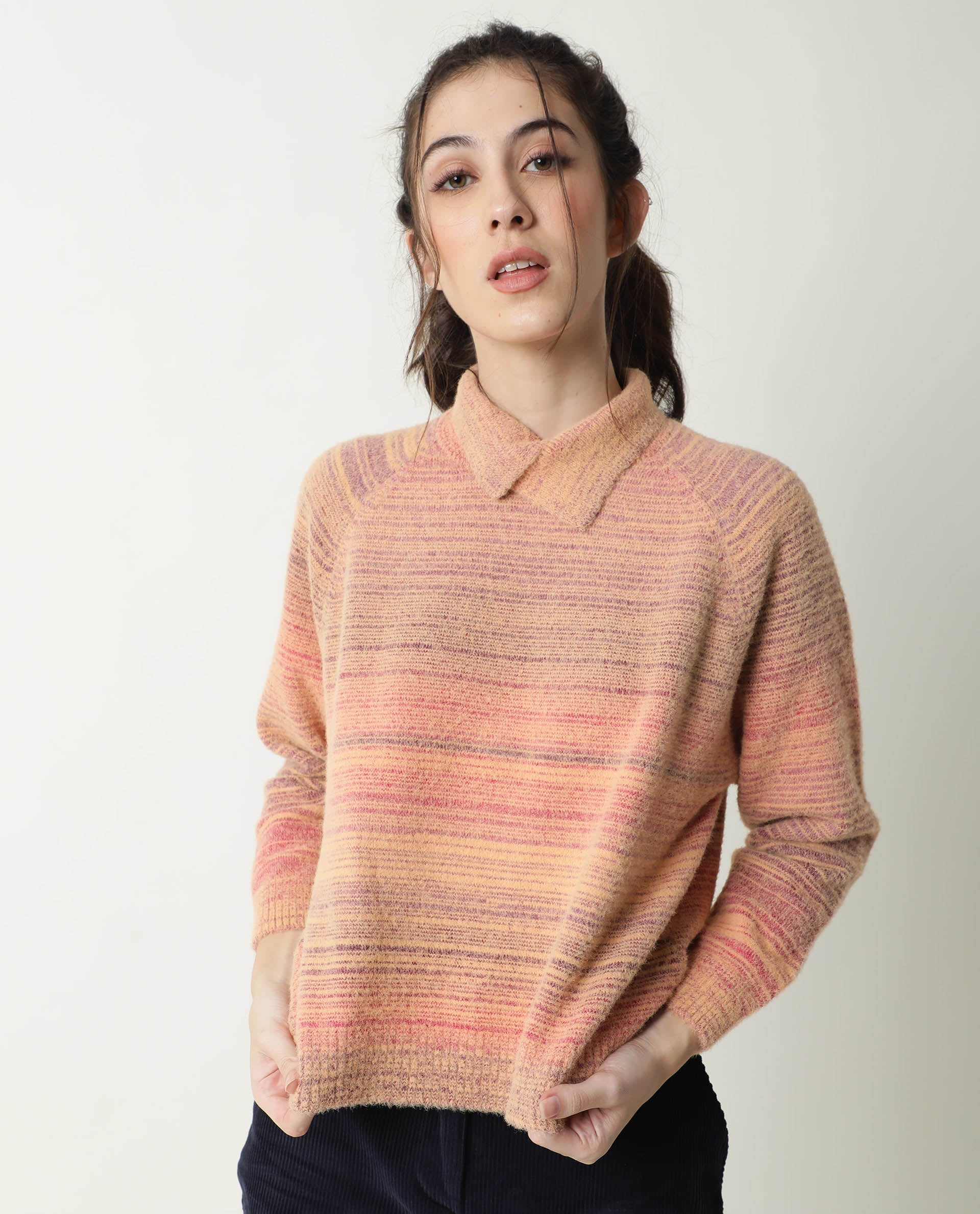 Rareism Women Rosalva Pink Nylon Fabric Full Sleeves Knee Length Regular Fit Ombre High Neck Sweater