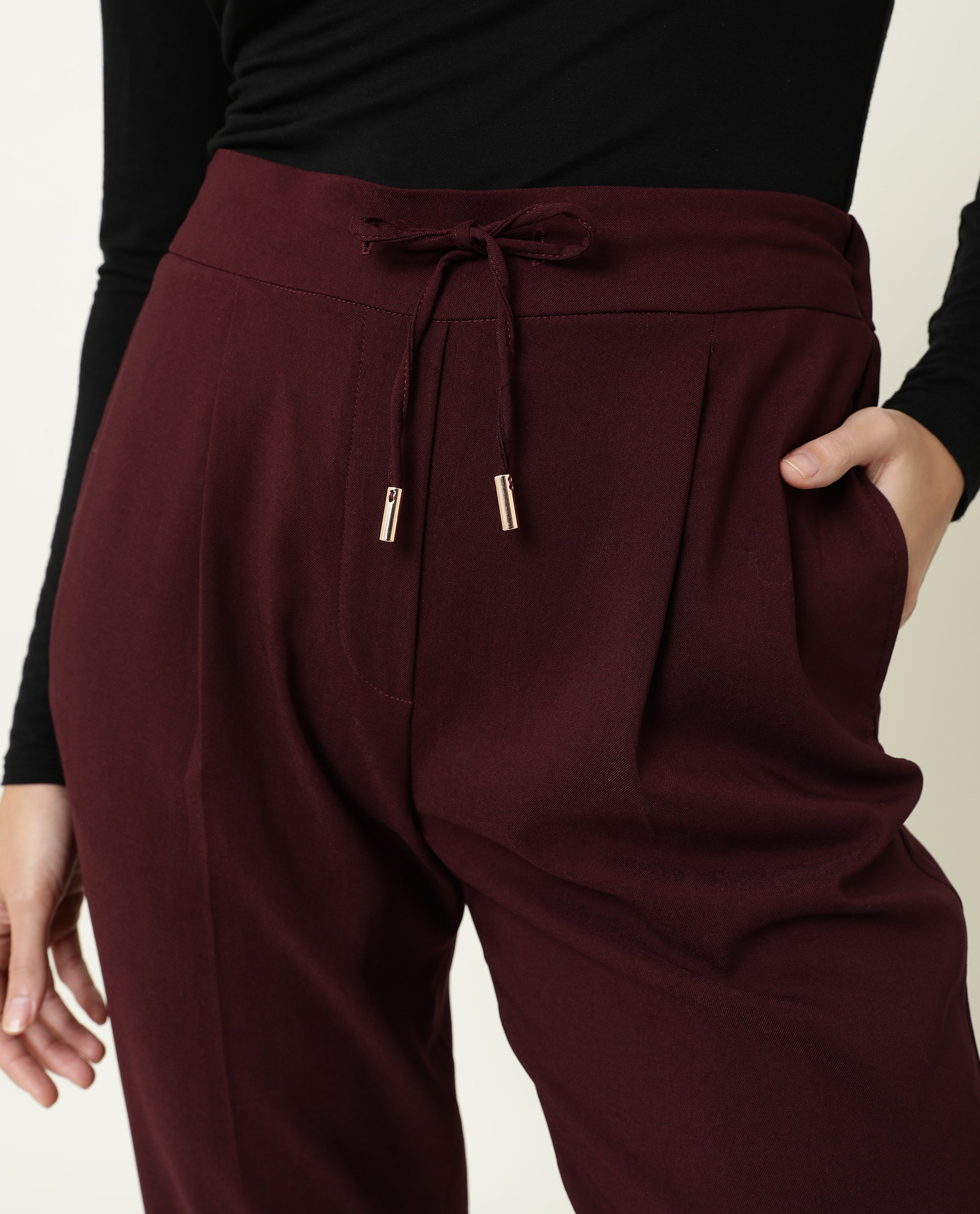 Rareism Women's Jeremiah Maroon Polyester Blend Plain Ankle Length Tailored Trouser