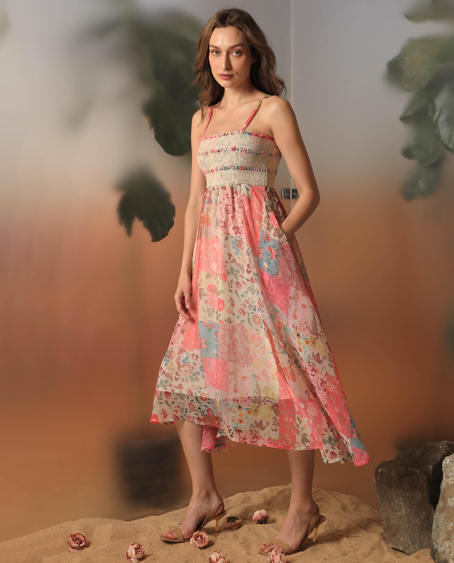 Rareism Women Louiza Multi Polyester Fabric Sleeveless Shoulder Straps Regular Fit Floral Print Knee Length Empire Dress
